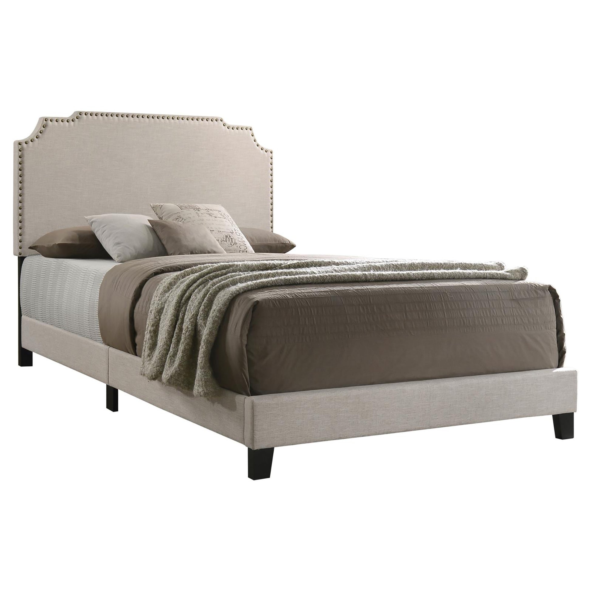 Beige Full Panel Bed With Trim Box Spring Required Full Beige Wood Bedroom Transitional Panel Foam Upholstered