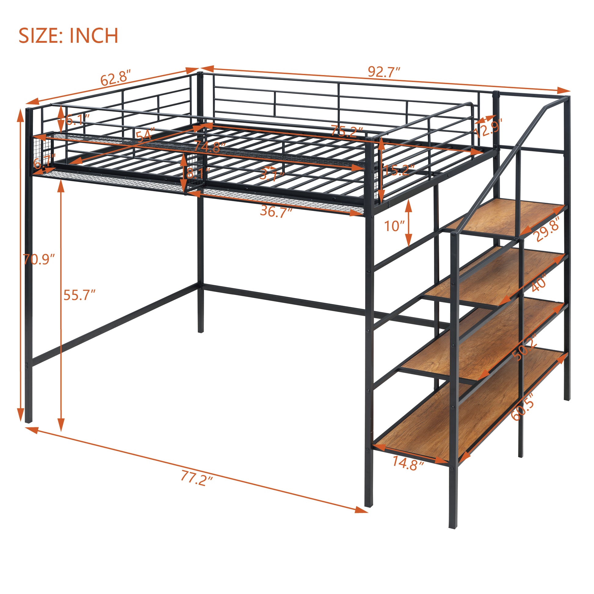 Full Size Metal Loft Bed With Upper Grid Storage Shelf And Lateral Storage Ladder, Black Black Mdf Metal