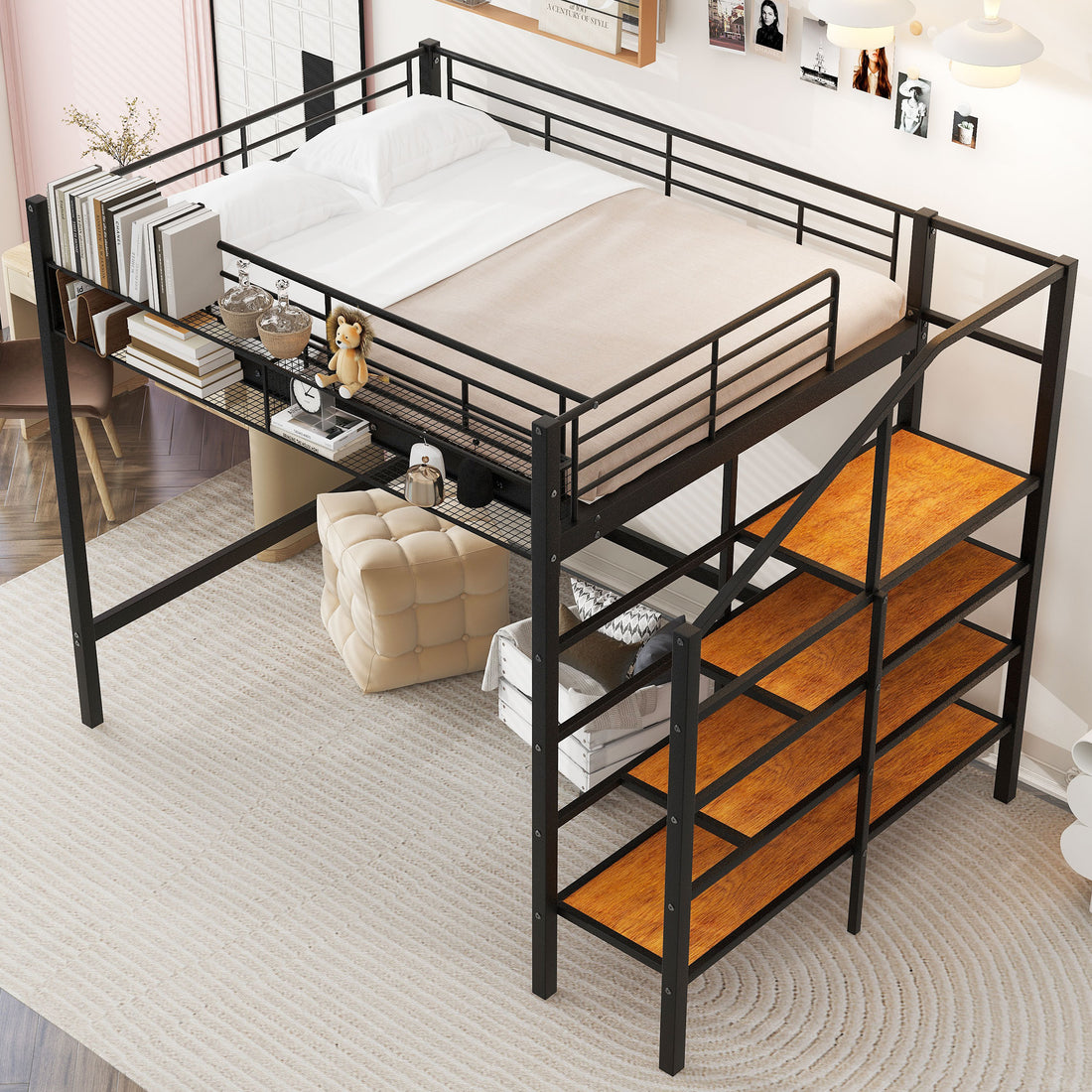 Full Size Metal Loft Bed With Upper Grid Storage Shelf And Lateral Storage Ladder, Black Black Mdf Metal