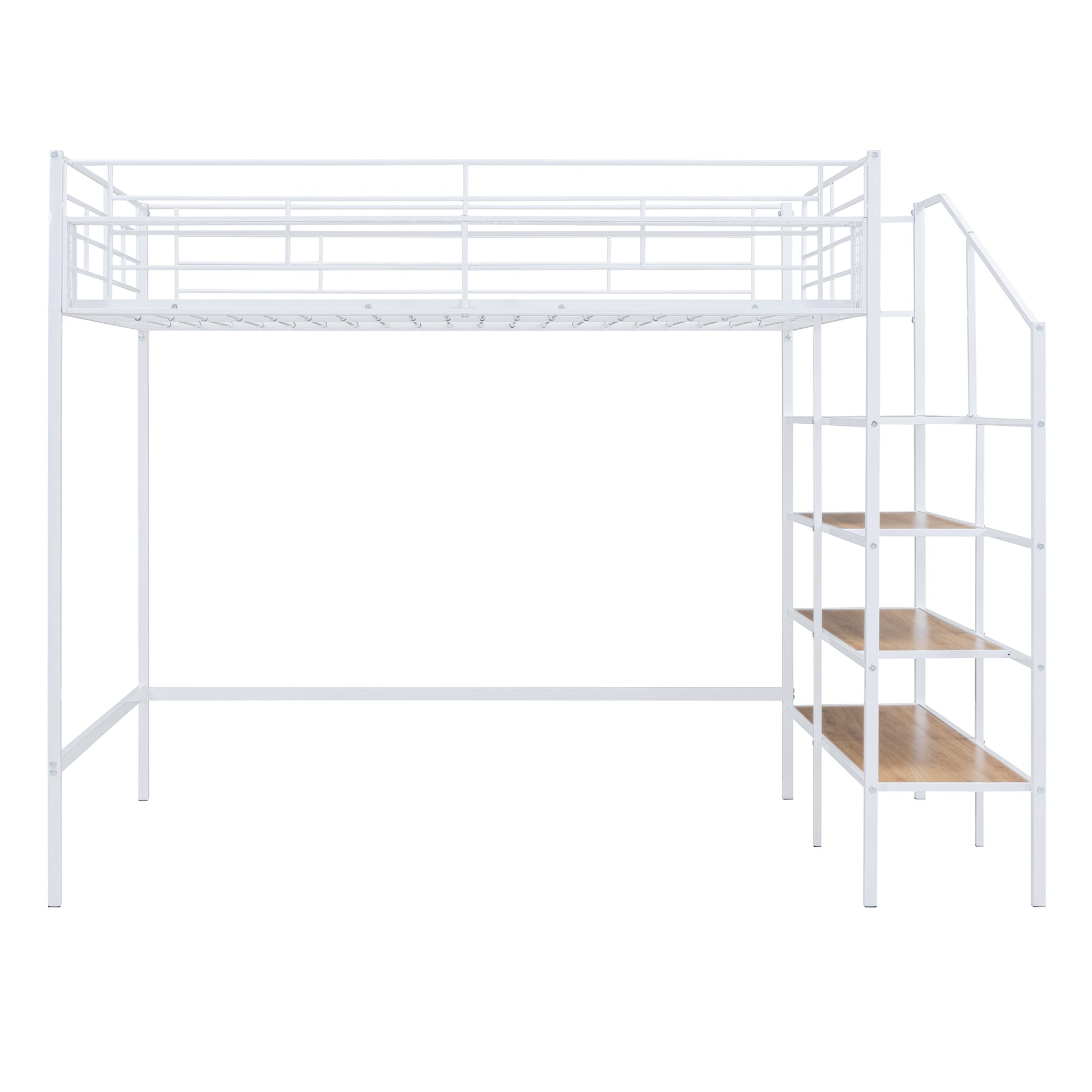 Full Size Metal Loft Bed With Upper Grid Storage Shelf And Lateral Storage Ladder, White White Mdf Metal