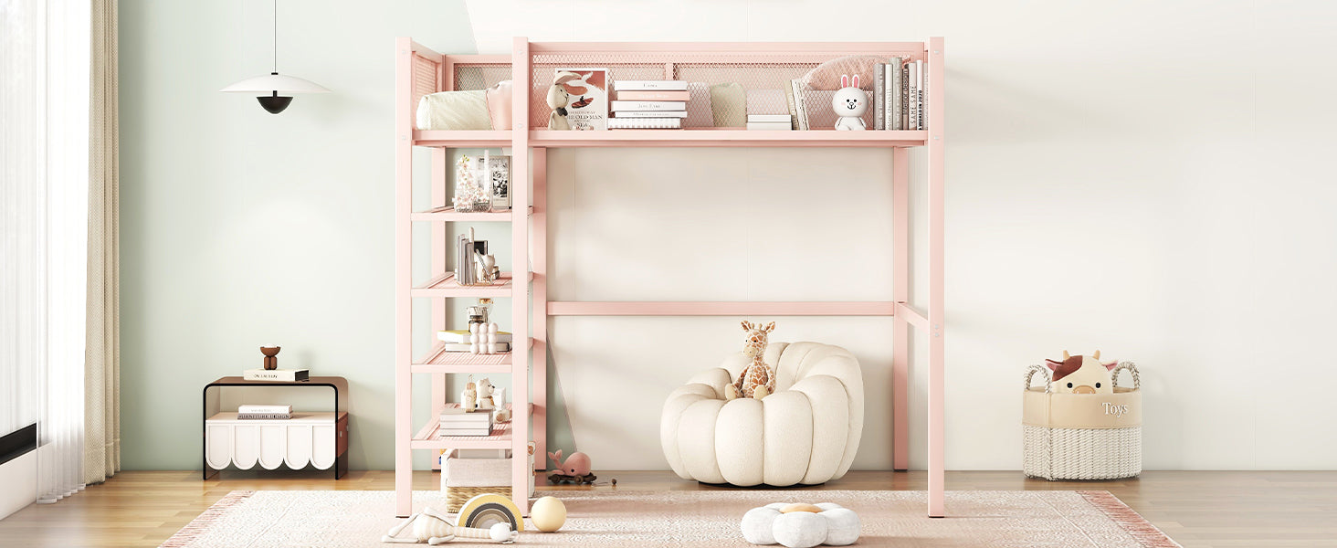 Full Size Metal Loft Bed With 4 Tier Shelves And Storage, Pink Full Pink Metal