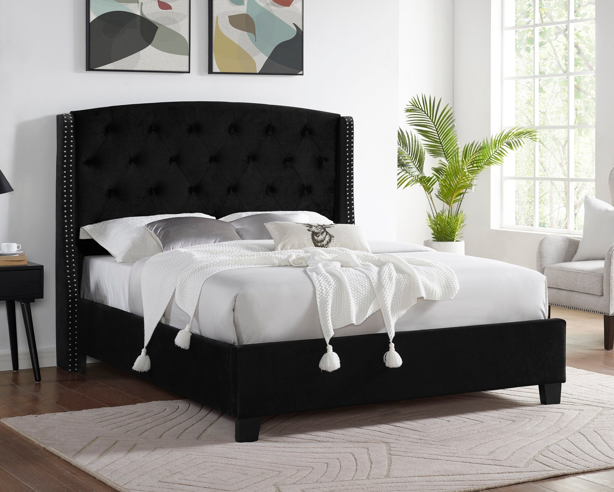 1Pc Contemporary Style Upholstered Fabric Button Tufting Trim Demi Wings Eva Bed Black Finish Wooden Bedroom Furniture Black Wood Fabric