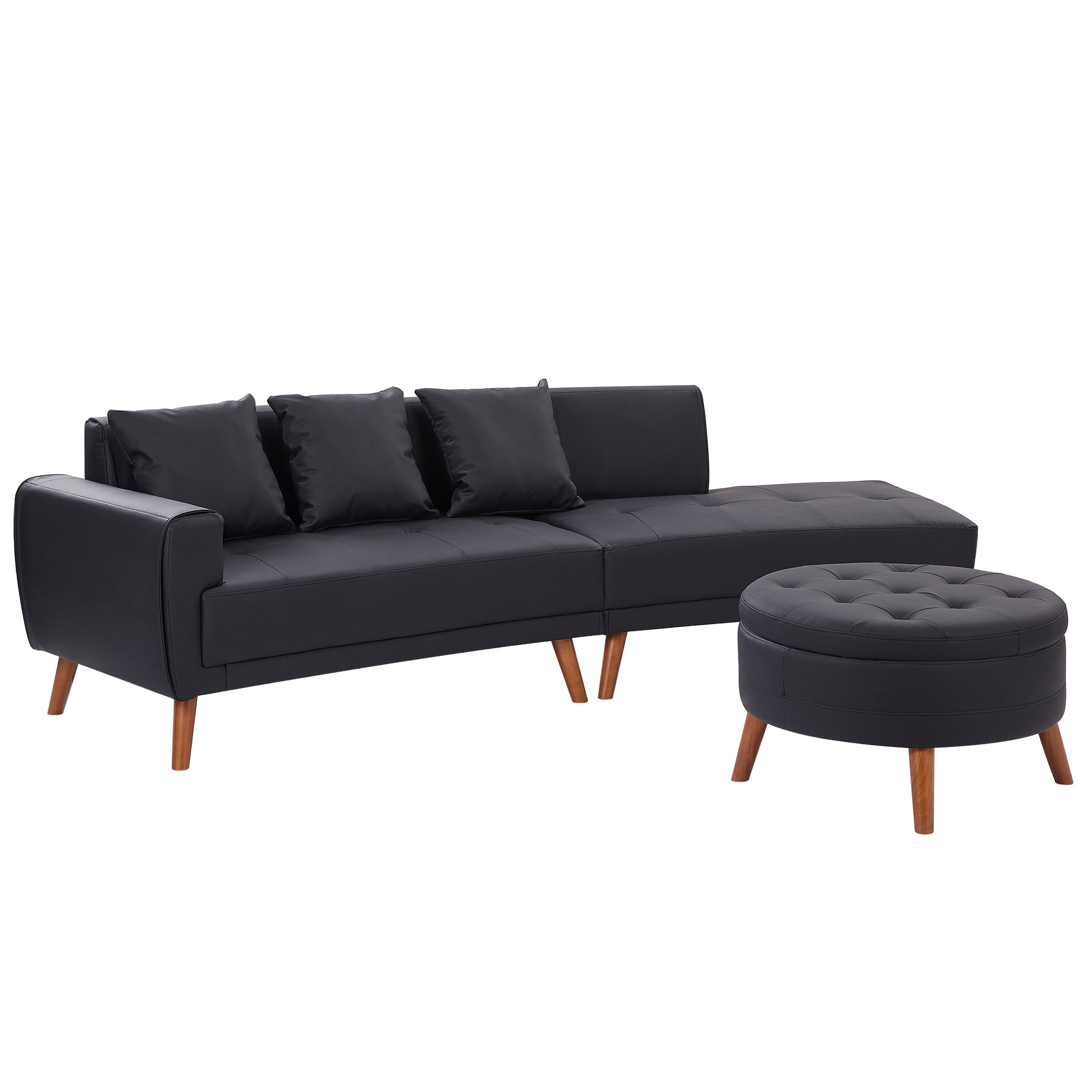 107" Contemporary Sofa Stylish Sofa Couch With A Round Storage Ottoman And Three Removable Pillows For Living Room, Black Black Pu