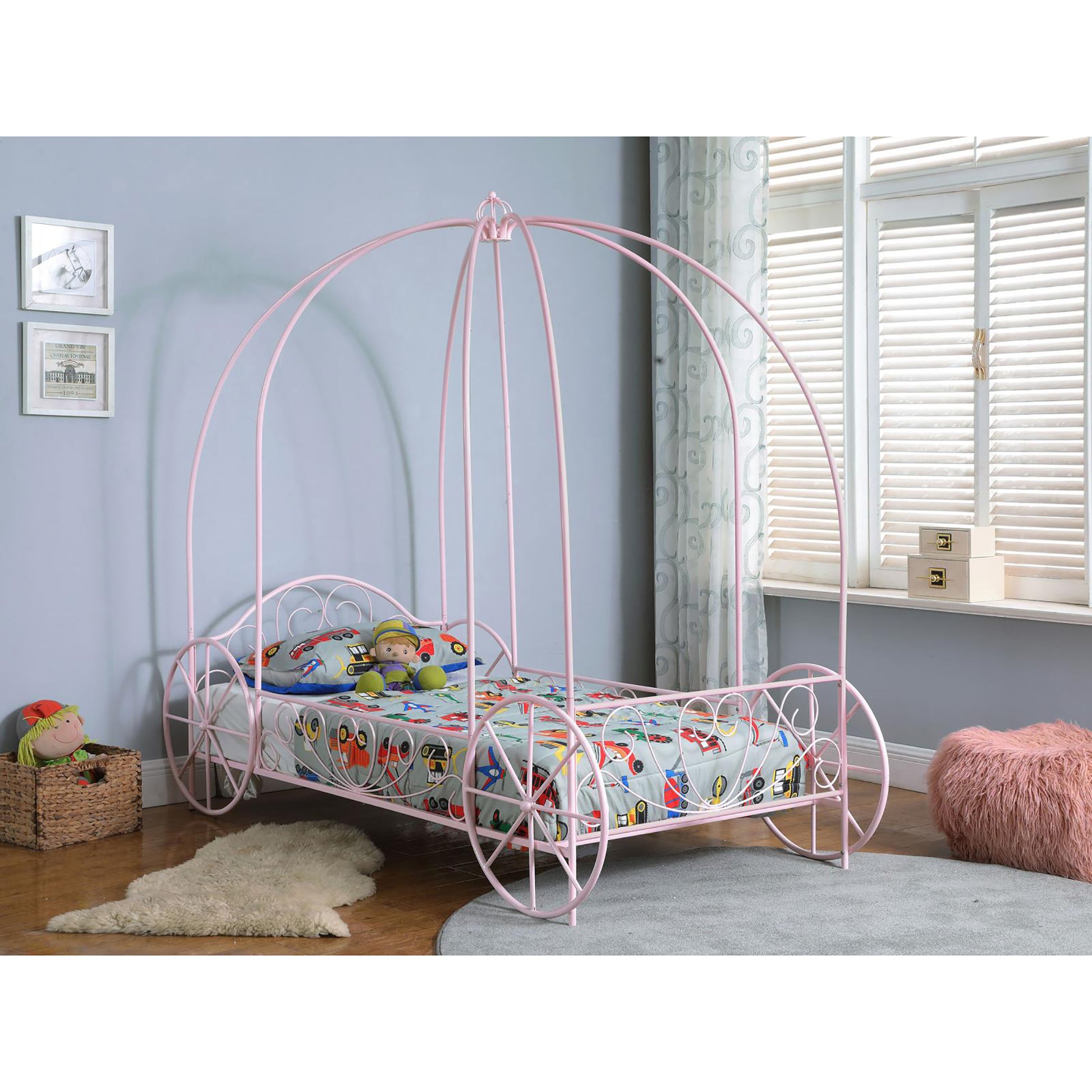 Powder Pink Twin Canopy Bed Box Spring Not Required Twin Pink Metal Bedroom Traditional Kids Metal