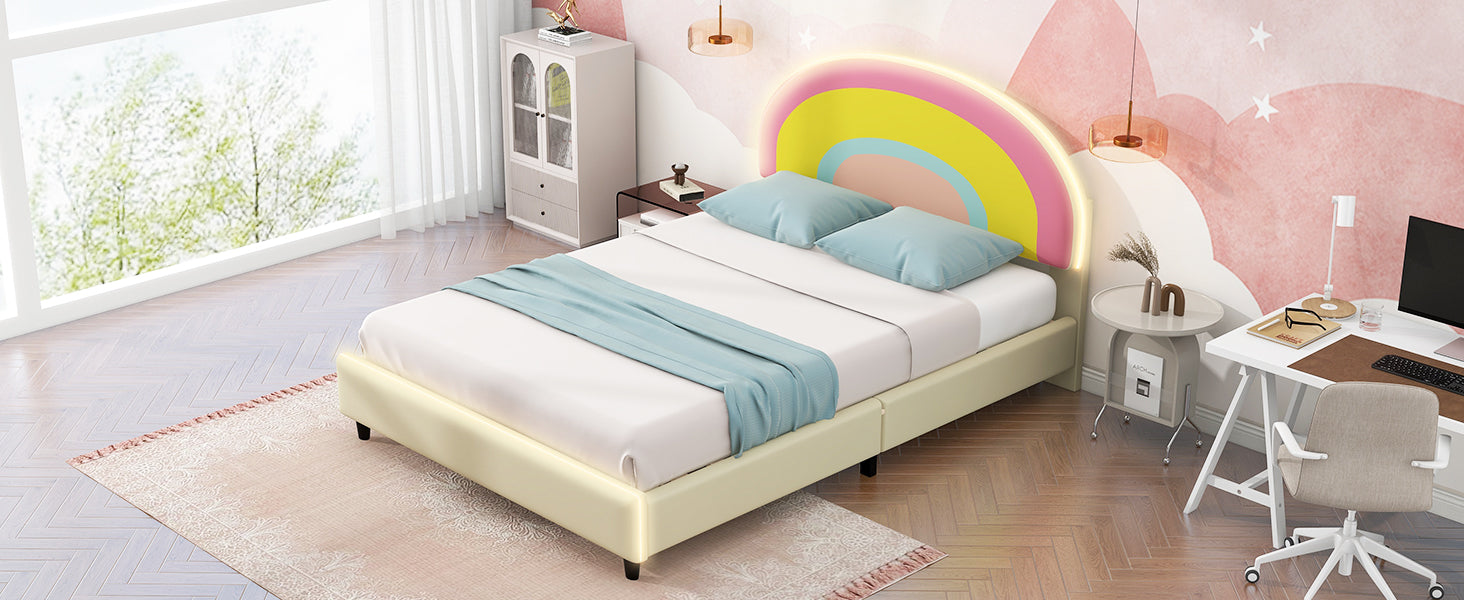 Twin Size Upholstered Platform Bed With Rainbow Shaped And Height Adjustbale Headboard,Led Light Strips,Beige Beige Upholstered