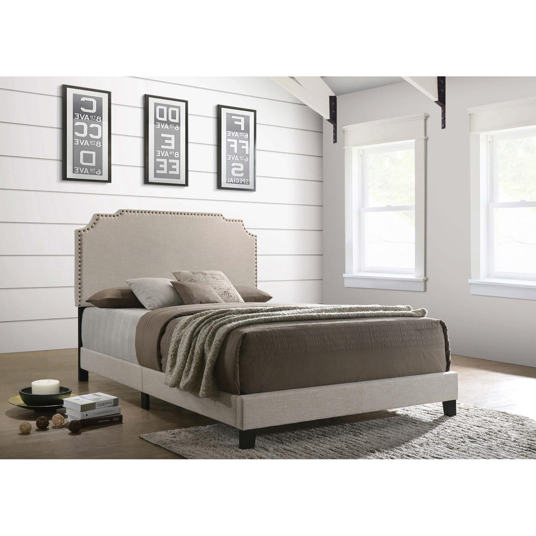 Beige Full Panel Bed With Trim Box Spring Required Full Beige Wood Bedroom Transitional Panel Foam Upholstered