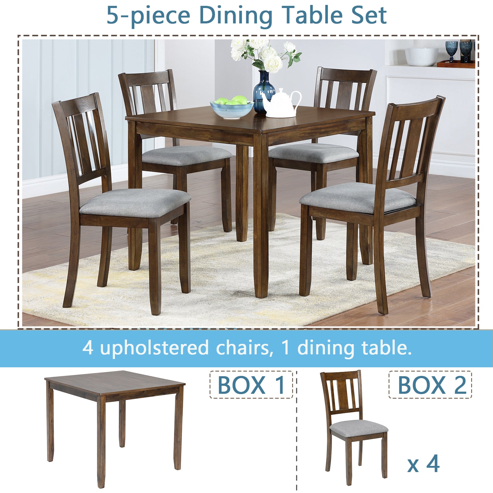 5 Piece Modern Dining Set, Square Wooden Dining Table With 4 Upholstered Chairs For Kitchen, Dining Room, Walnut Upholstered Chair Wood Walnut Seats 4 Wood Dining Room Acacia 4 Leg Square Dining Table With Chair Acacia Wood