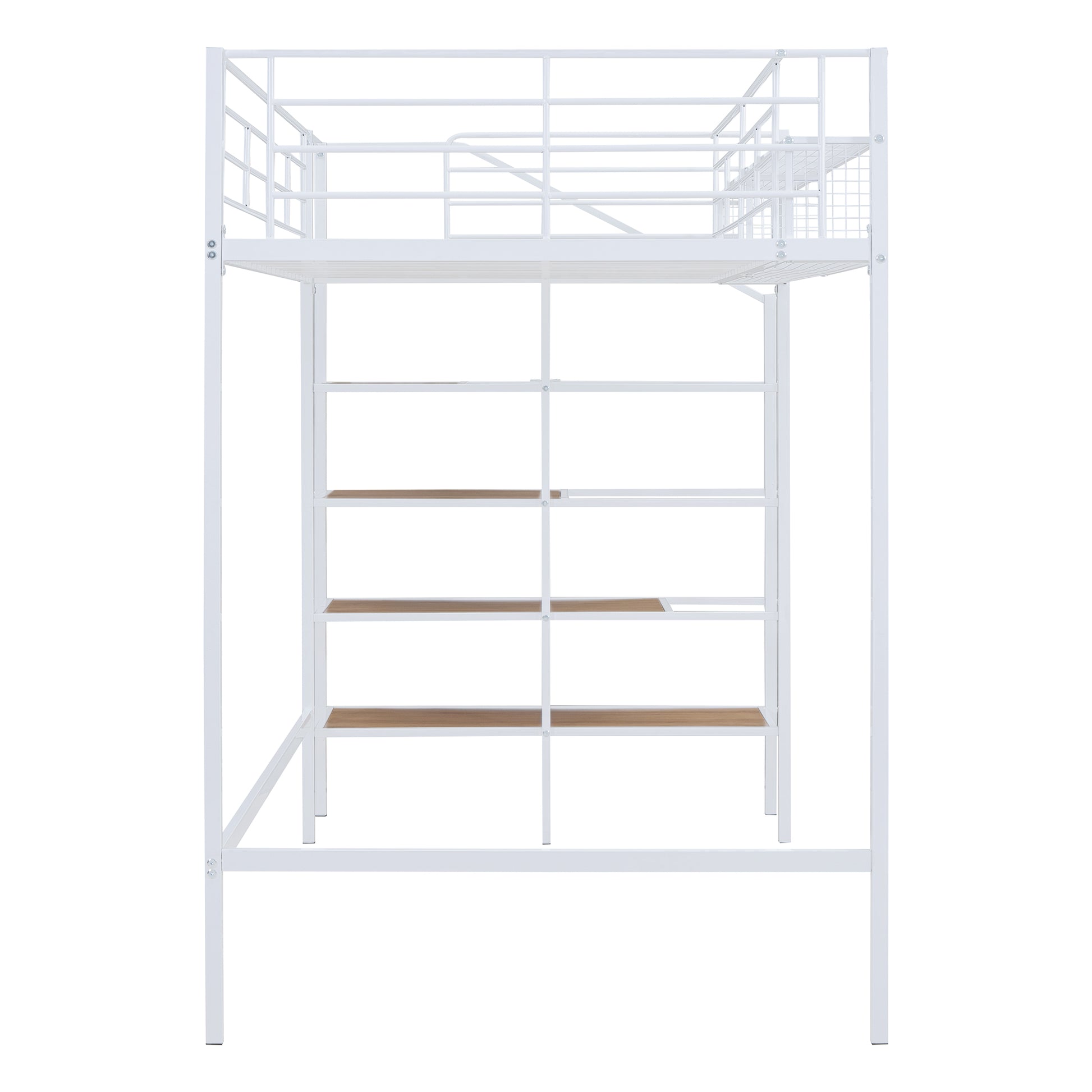 Twin Size Metal Loft Bed With Upper Grid Storage Shelf And Lateral Storage Ladder, White White Mdf Metal