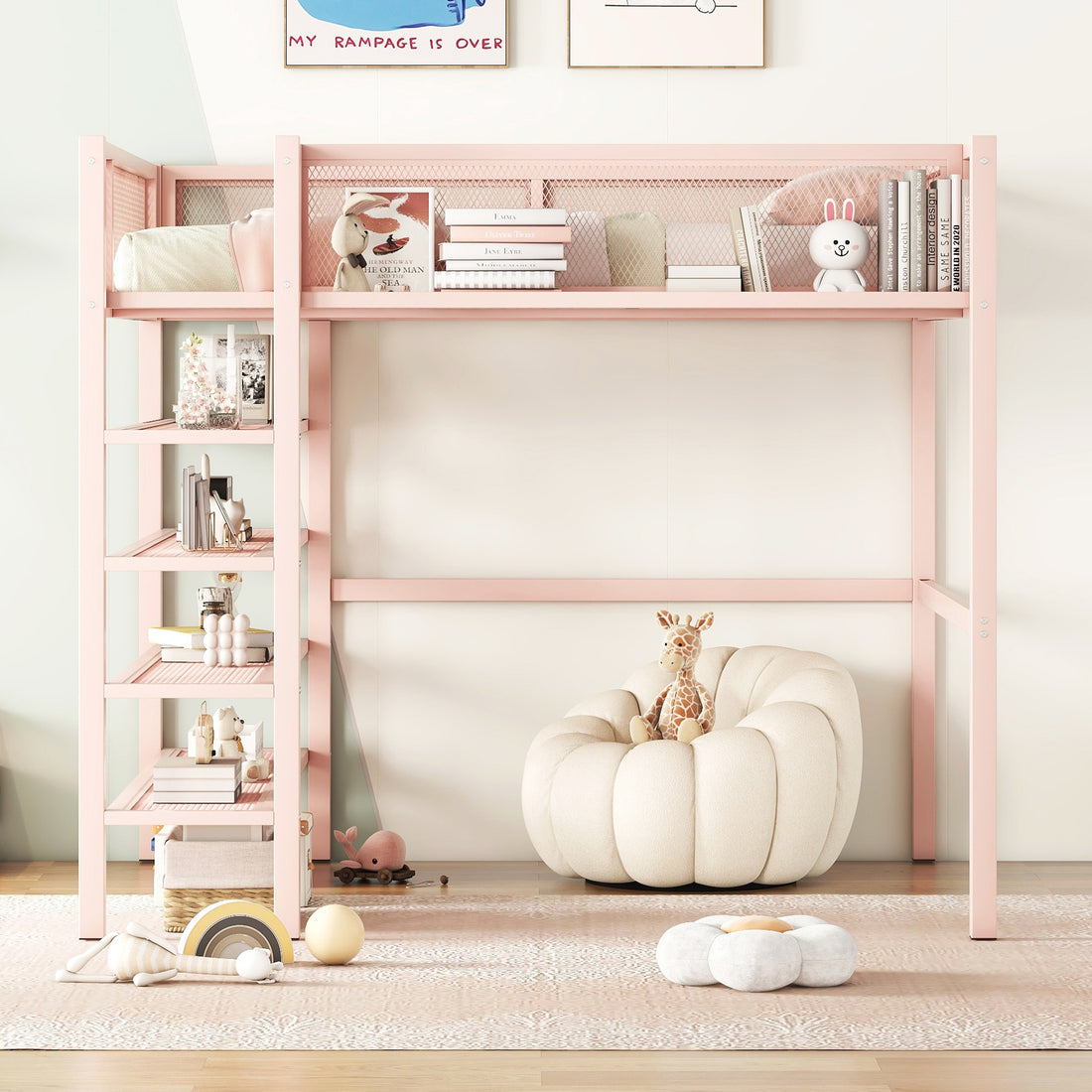 Full Size Metal Loft Bed With 4 Tier Shelves And Storage, Pink Full Pink Metal