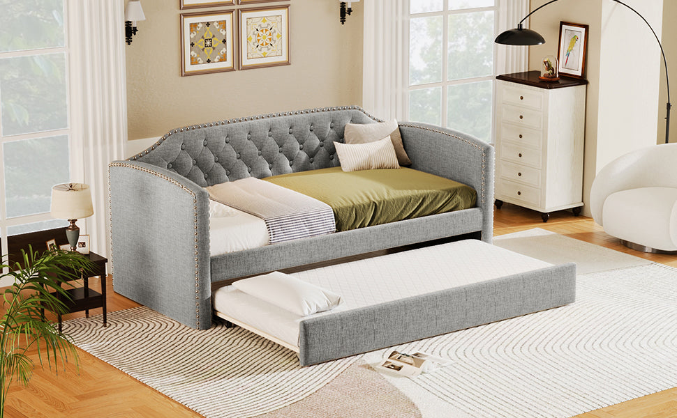 Twin Size Upholstered Daybed With Trundle For Guest Room, Small Bedroom, Study Room, Gray Box Spring Not Required Twin Gray Wood Bedroom Traditional Daybeds Linen Upholstered