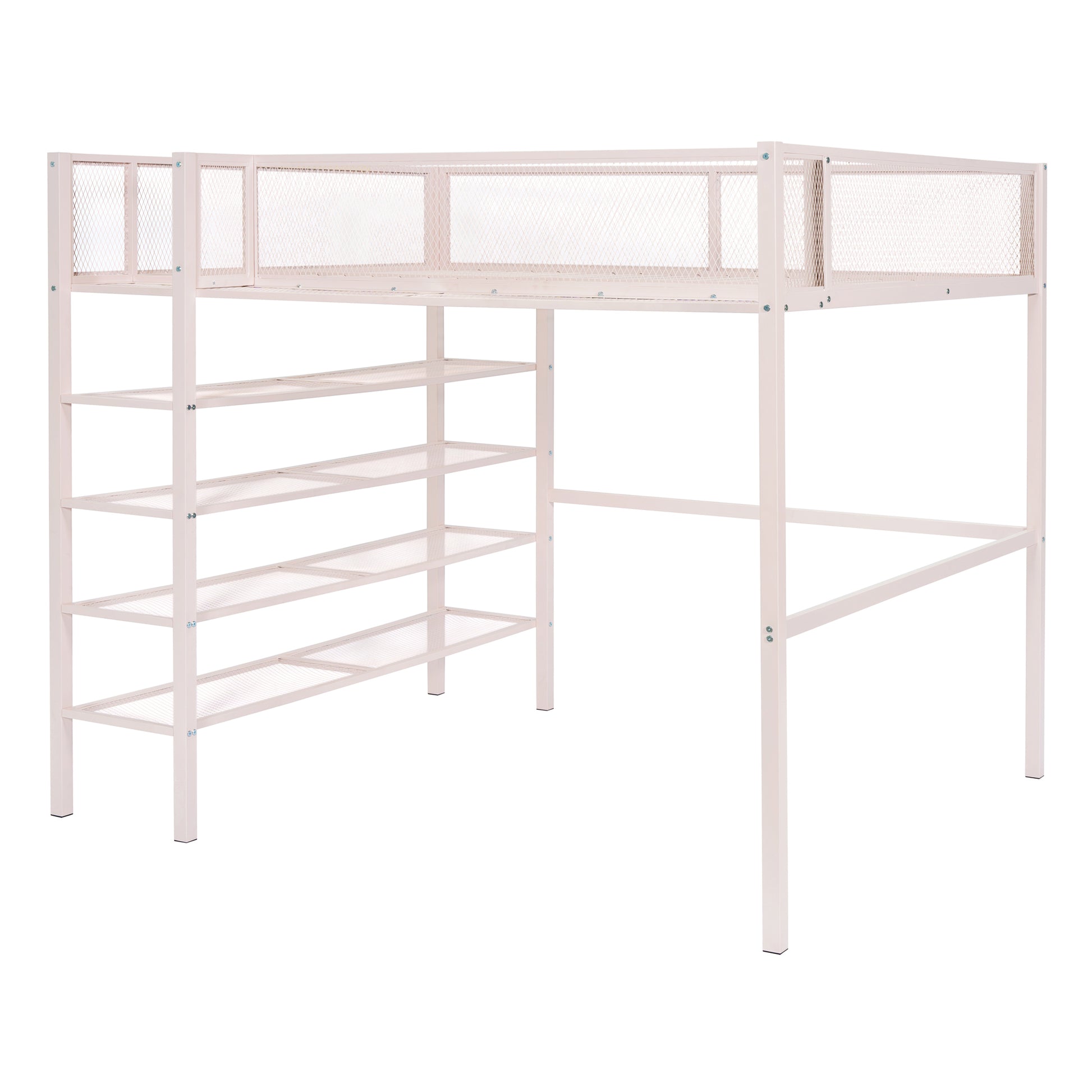 Full Size Metal Loft Bed With 4 Tier Shelves And Storage, Pink Full Pink Metal