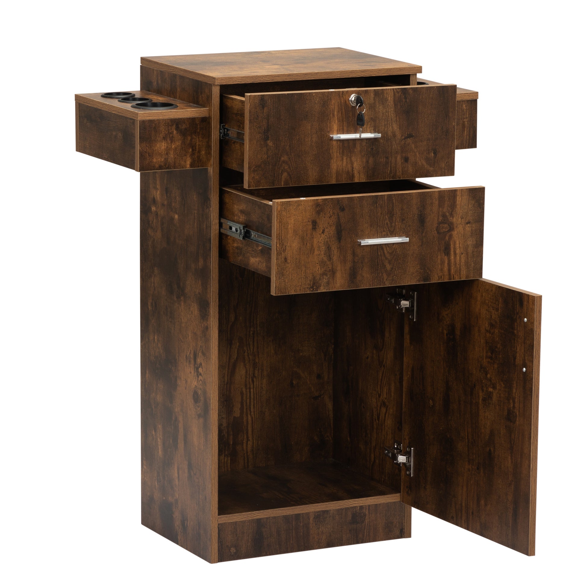 Locking Beauty Salon Station, Hair Styling Barber Station, Spa Salon Equipment With Small Cabinet, Pull Out Drawers, Dryer Holders, Rustic Brown Rustic Brown Particle Board