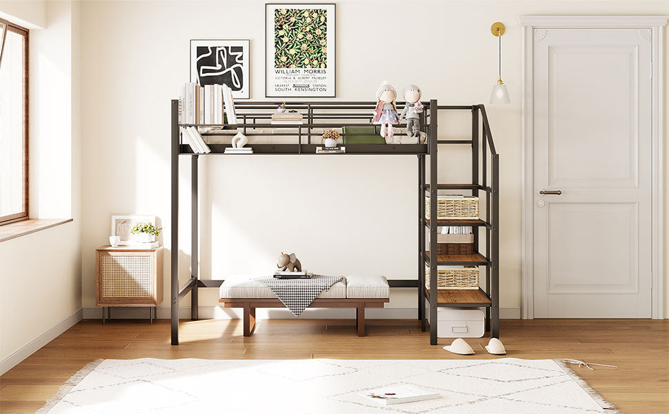Twin Size Metal Loft Bed With Upper Grid Storage Shelf And Lateral Storage Ladder, Black Black Mdf Metal