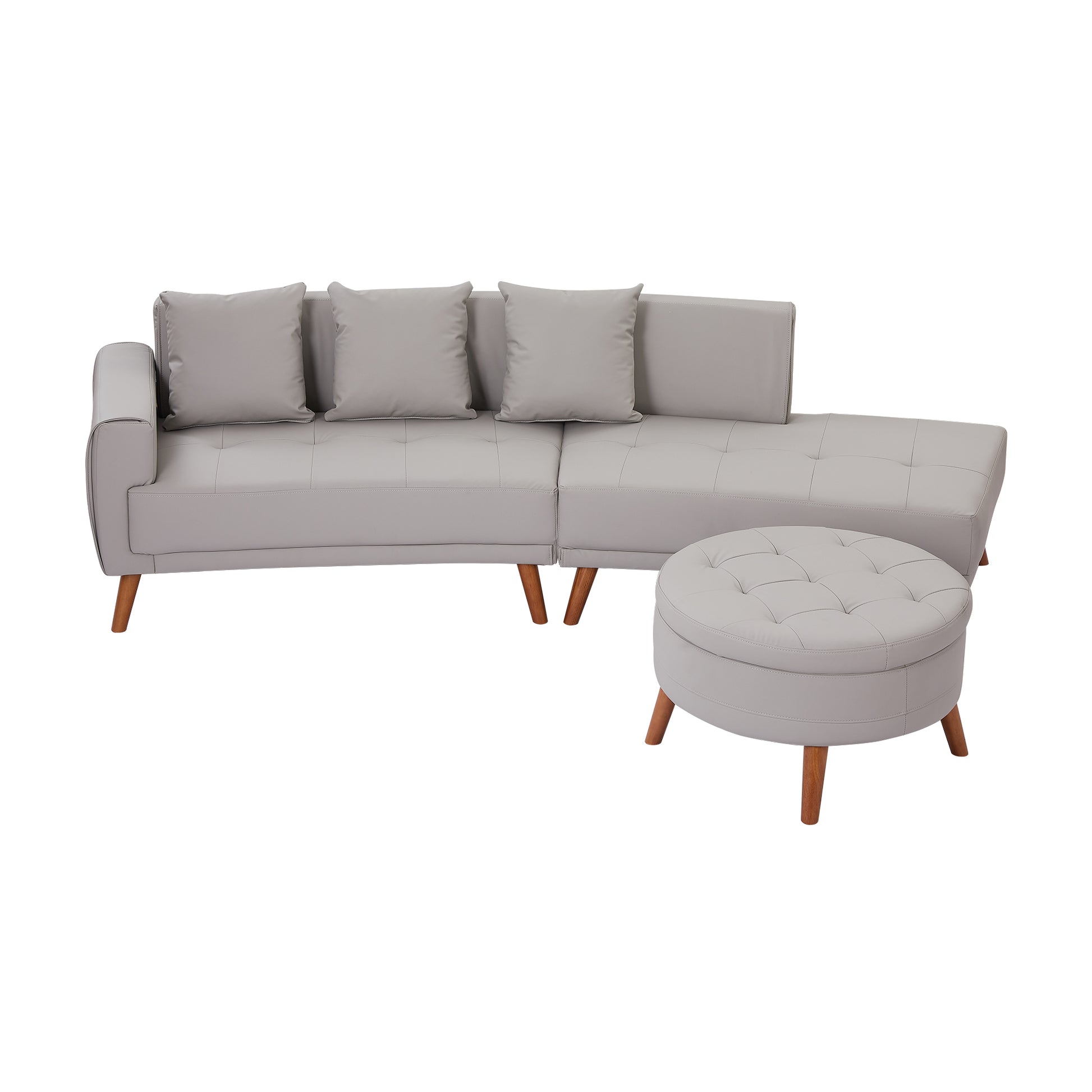 107" Contemporary Sofa Stylish Sofa Couch With A Round Storage Ottoman And Three Removable Pillows For Living Room, Grey Grey Pu 2 Seat