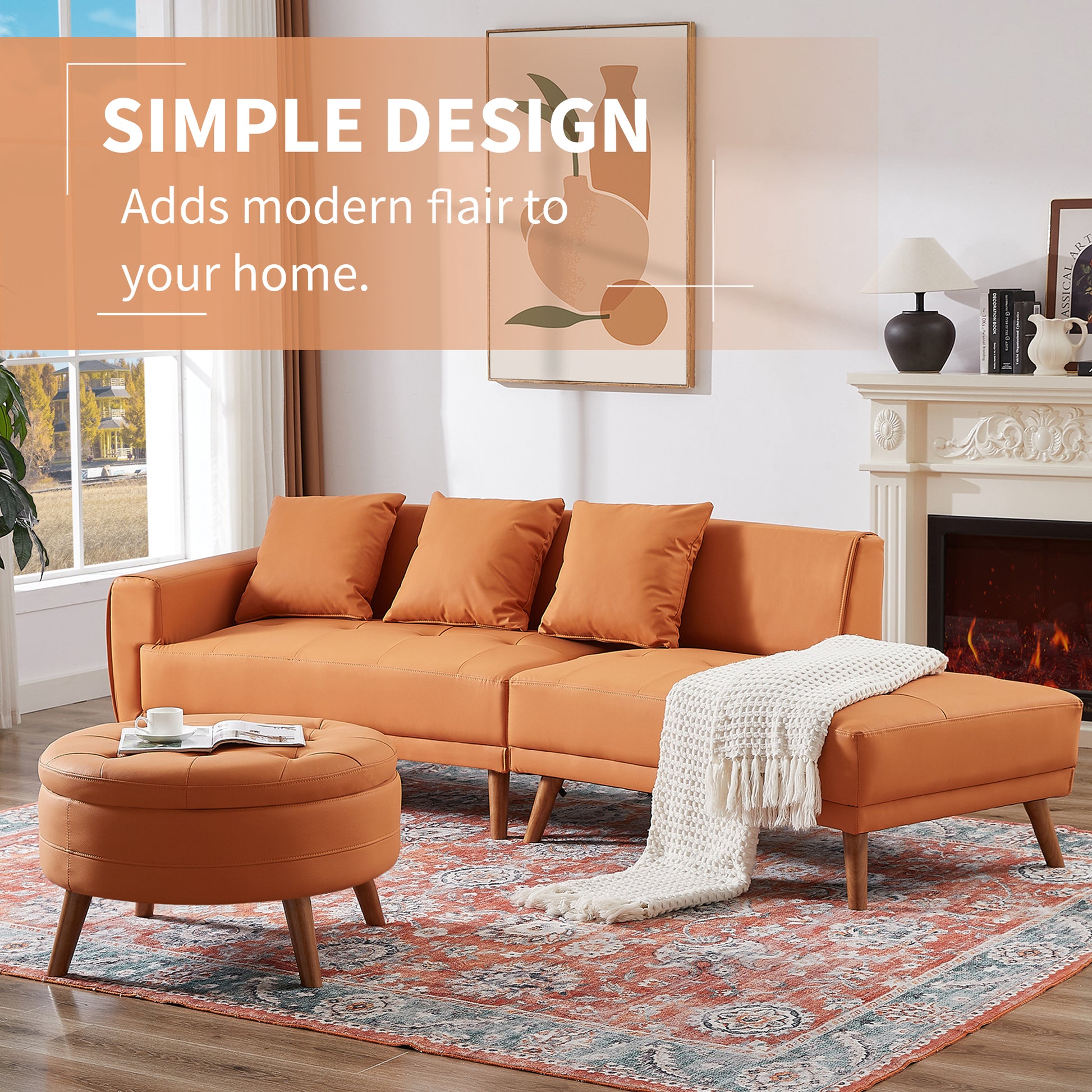 107" Contemporary Sofa Stylish Sofa Couch With A Round Storage Ottoman And Three Removable Pillows For Living Room, Orange Orange Pu