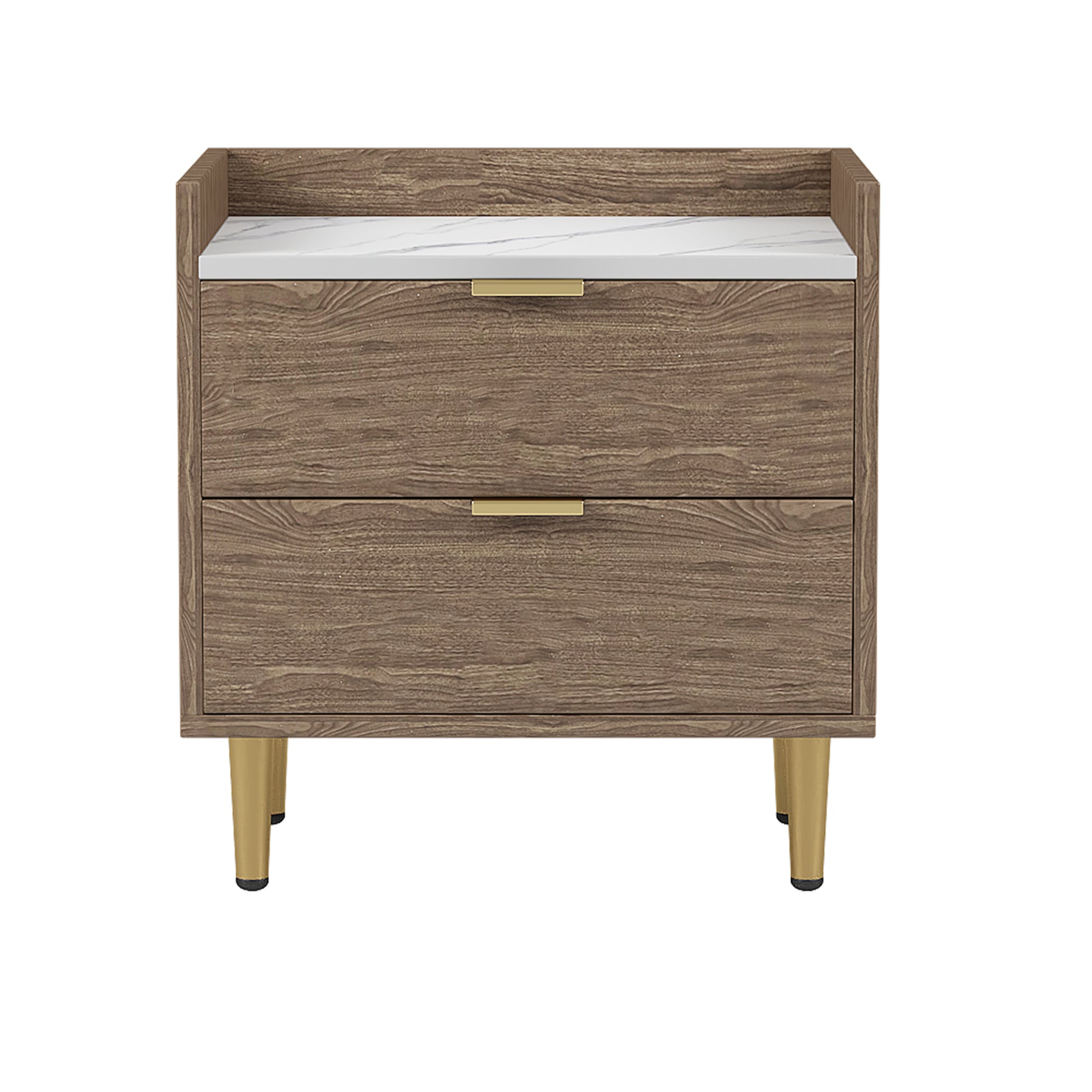 Wooden Nightstand With 2 Drawers And Marbling Worktop, Mordern Wood Bedside Table With Metal Legs&Handles, Walnut Walnut Mdf Metal