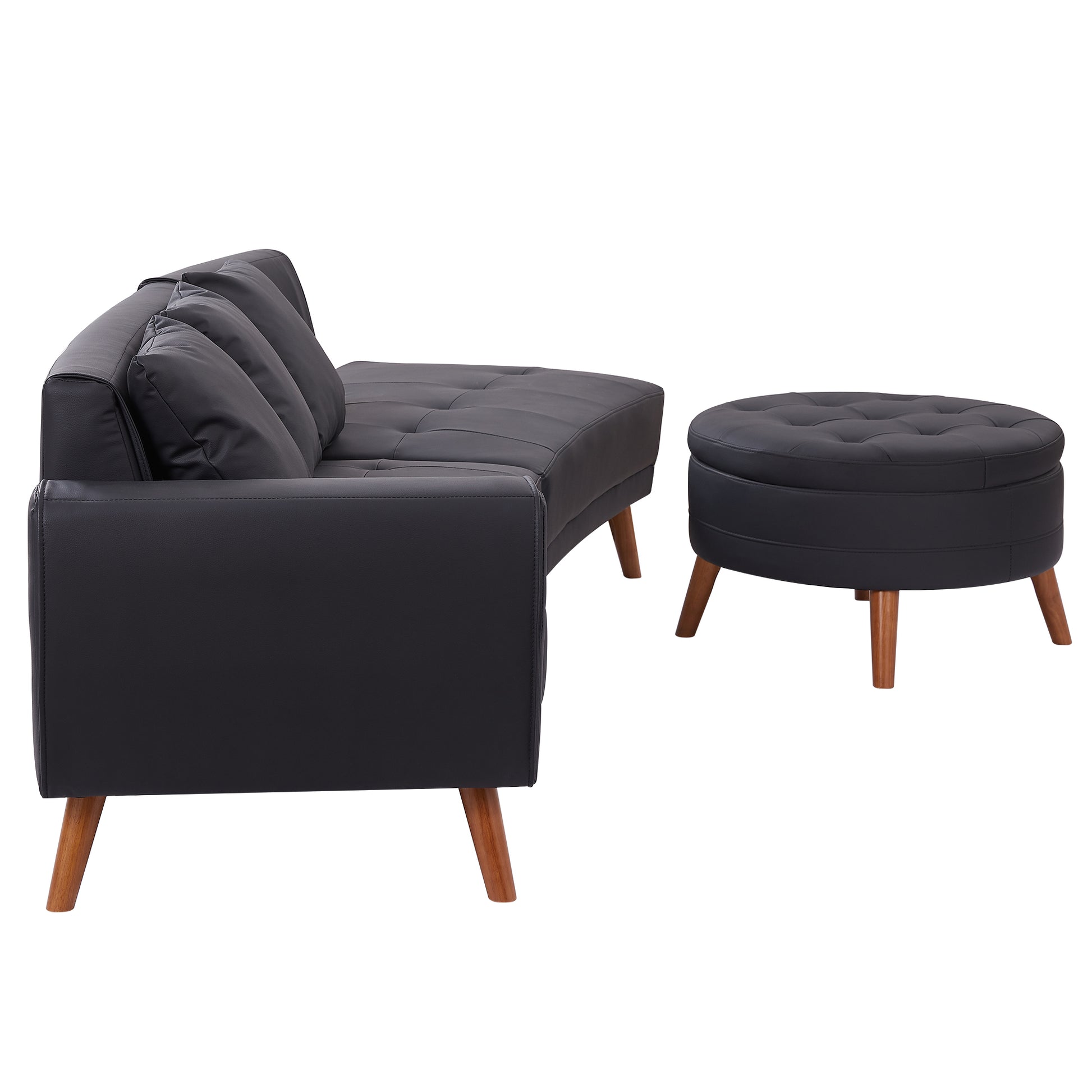 107" Contemporary Sofa Stylish Sofa Couch With A Round Storage Ottoman And Three Removable Pillows For Living Room, Black Black Pu