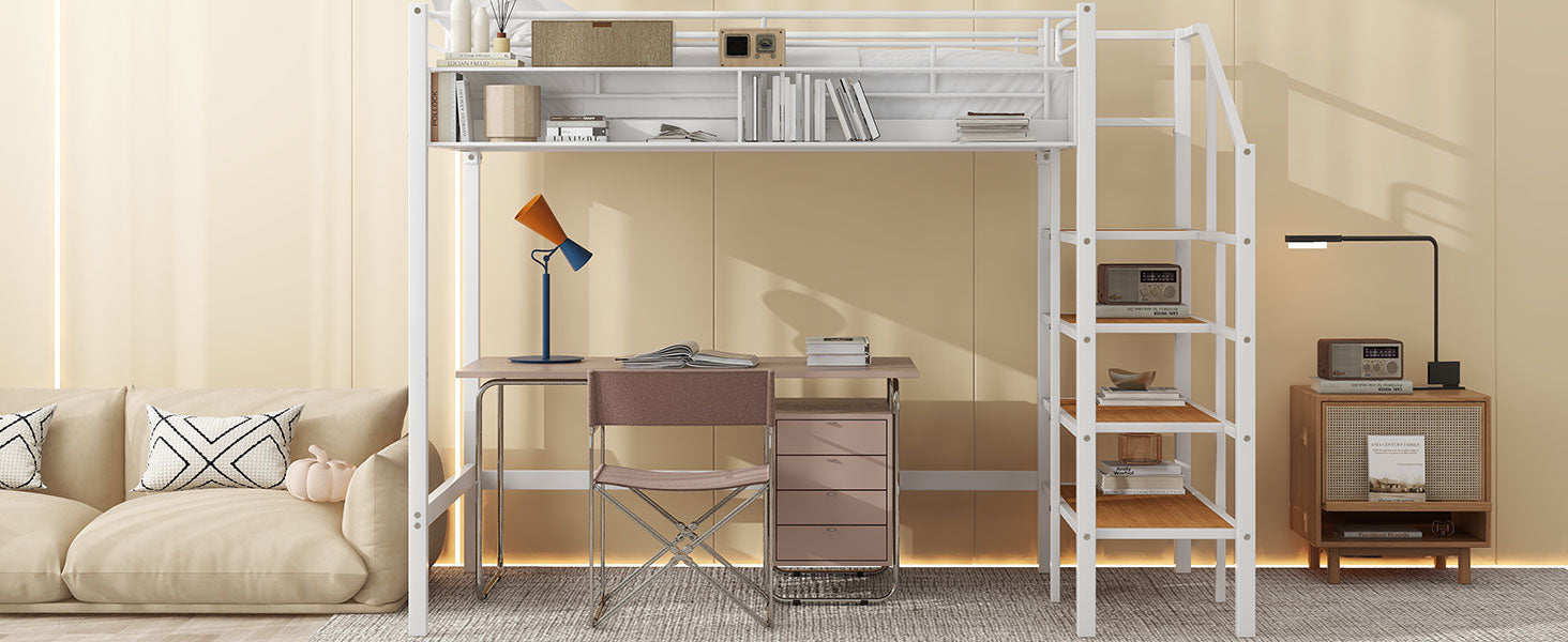 Twin Size Metal Loft Bed With Upper Grid Storage Shelf And Lateral Storage Ladder, White White Mdf Metal