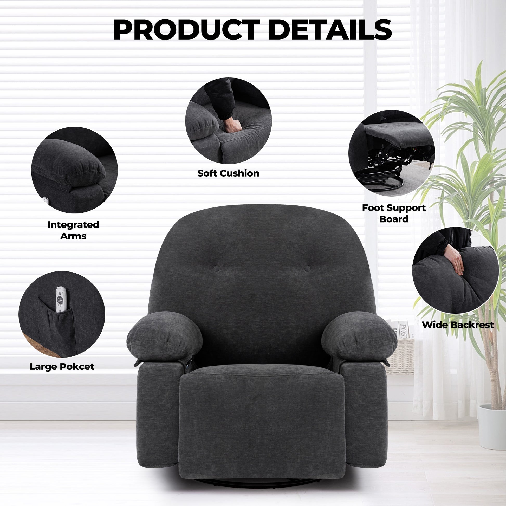 Modern Chenille Recliner Chairs Swivel Massage Rocker Recliner With Heat Dark Gray Chenille Manual Handle Metal Primary Living Space Soft Cushion Back Heavy Duty American Design,Artsy,Casual,Cute Pillow Top Arms Foam Chenille