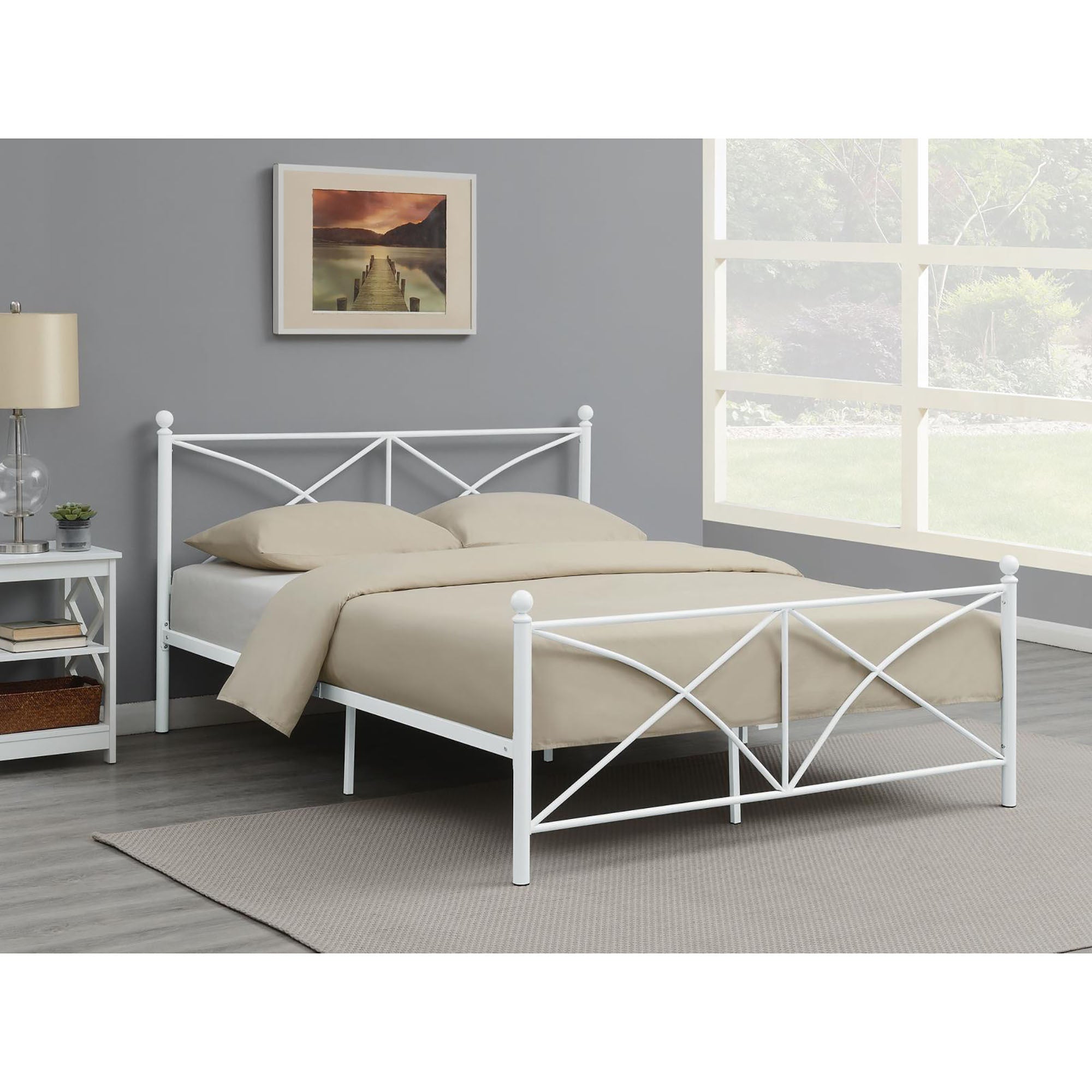 White Queen Platform Bed Box Spring Not Required Queen White Metal Bedroom Contemporary,Modern Open Frame Metal