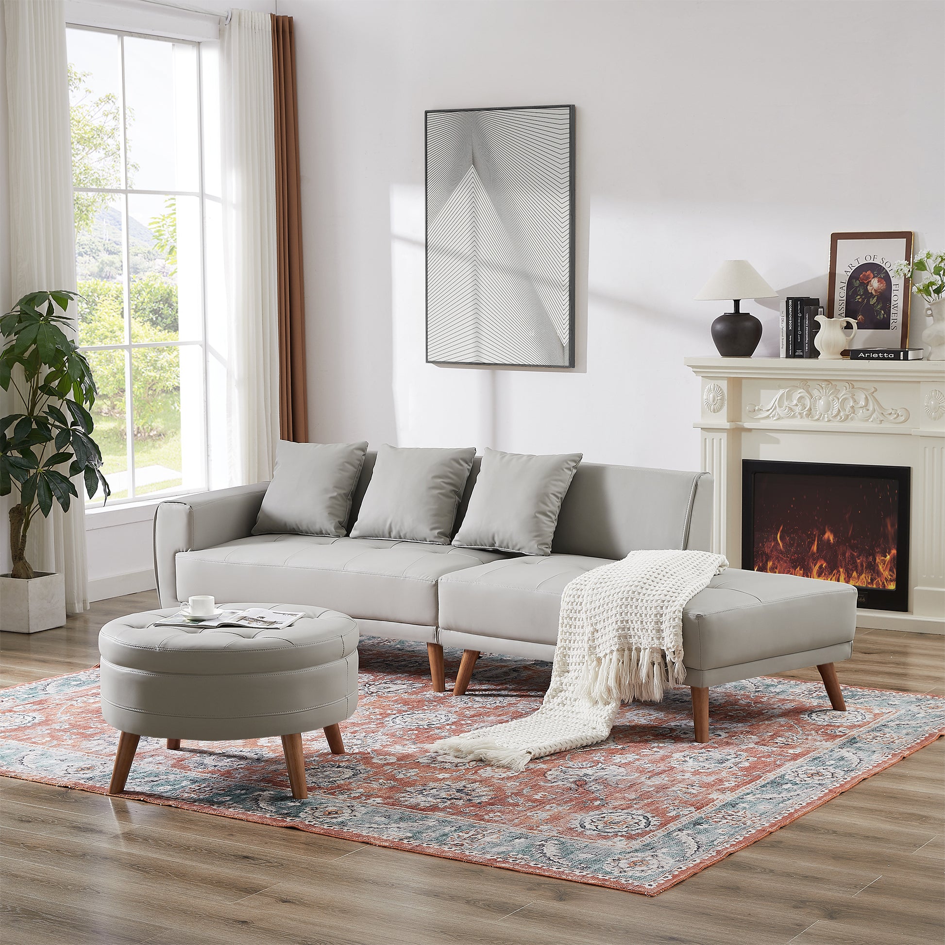 107" Contemporary Sofa Stylish Sofa Couch With A Round Storage Ottoman And Three Removable Pillows For Living Room, Grey Grey Pu 2 Seat