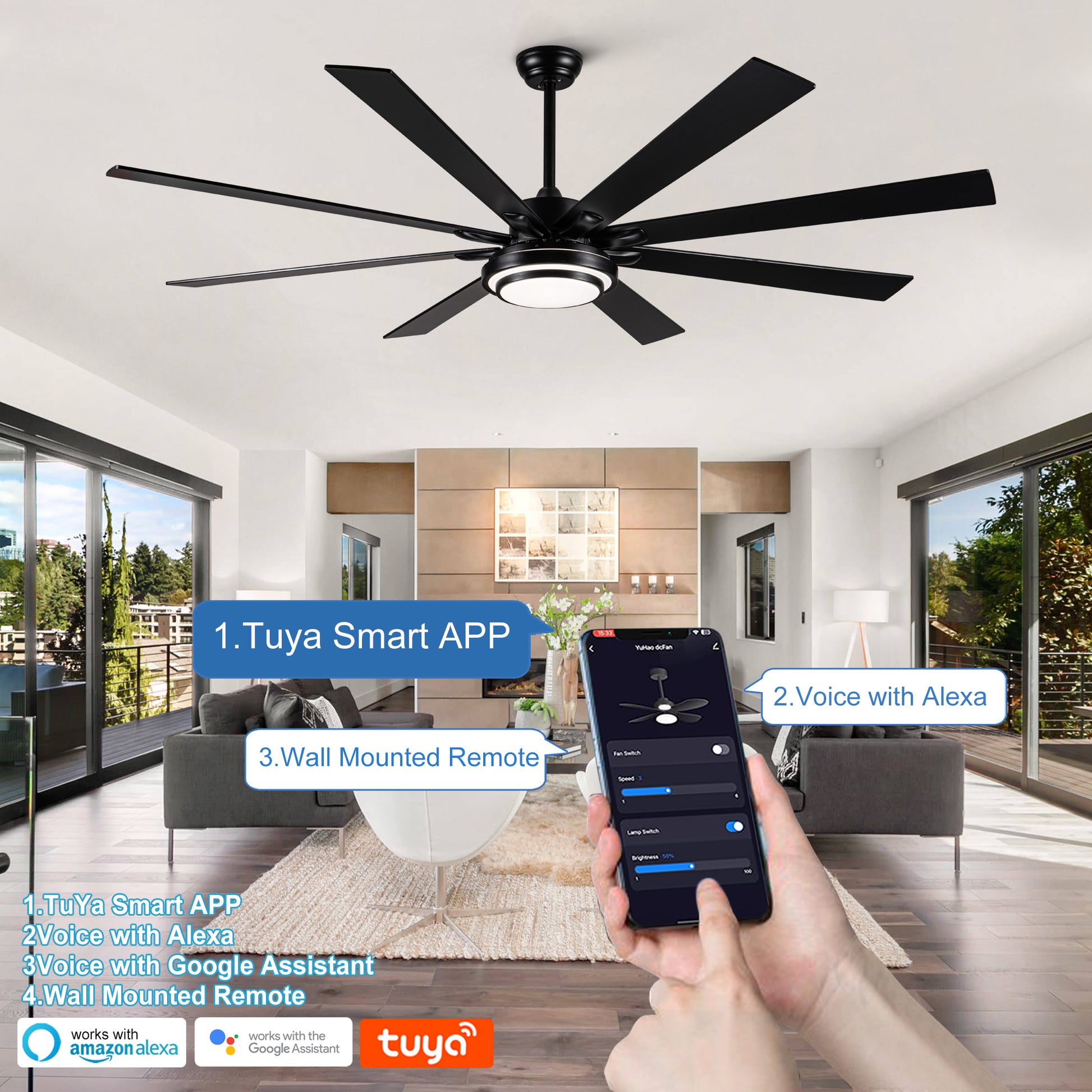 72" Integrated Led Matte Black Large Smart Ceiling Fan With Remote Control Black Plywood Metal