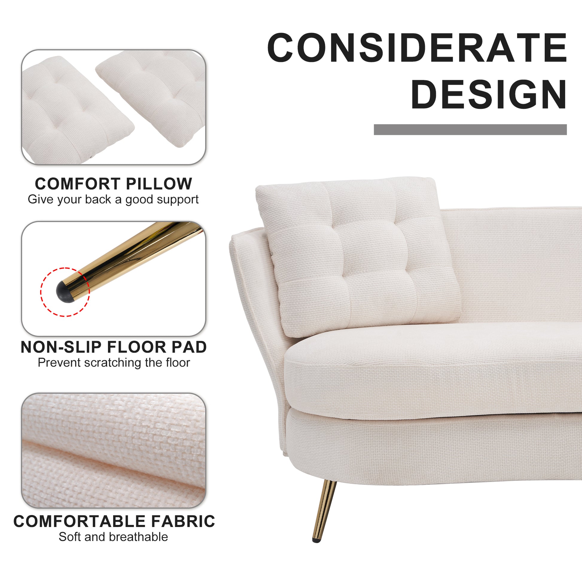 Polyester Fiber Loveseat Sofa Upholstered Couch With Golden Metal Legs Club Two Seat Sofa For Living Reading Room Bedroom Apartment Small Space Dorm,White. White Polyester Wood Primary Living Space Soft Tight Back Modern Polyester