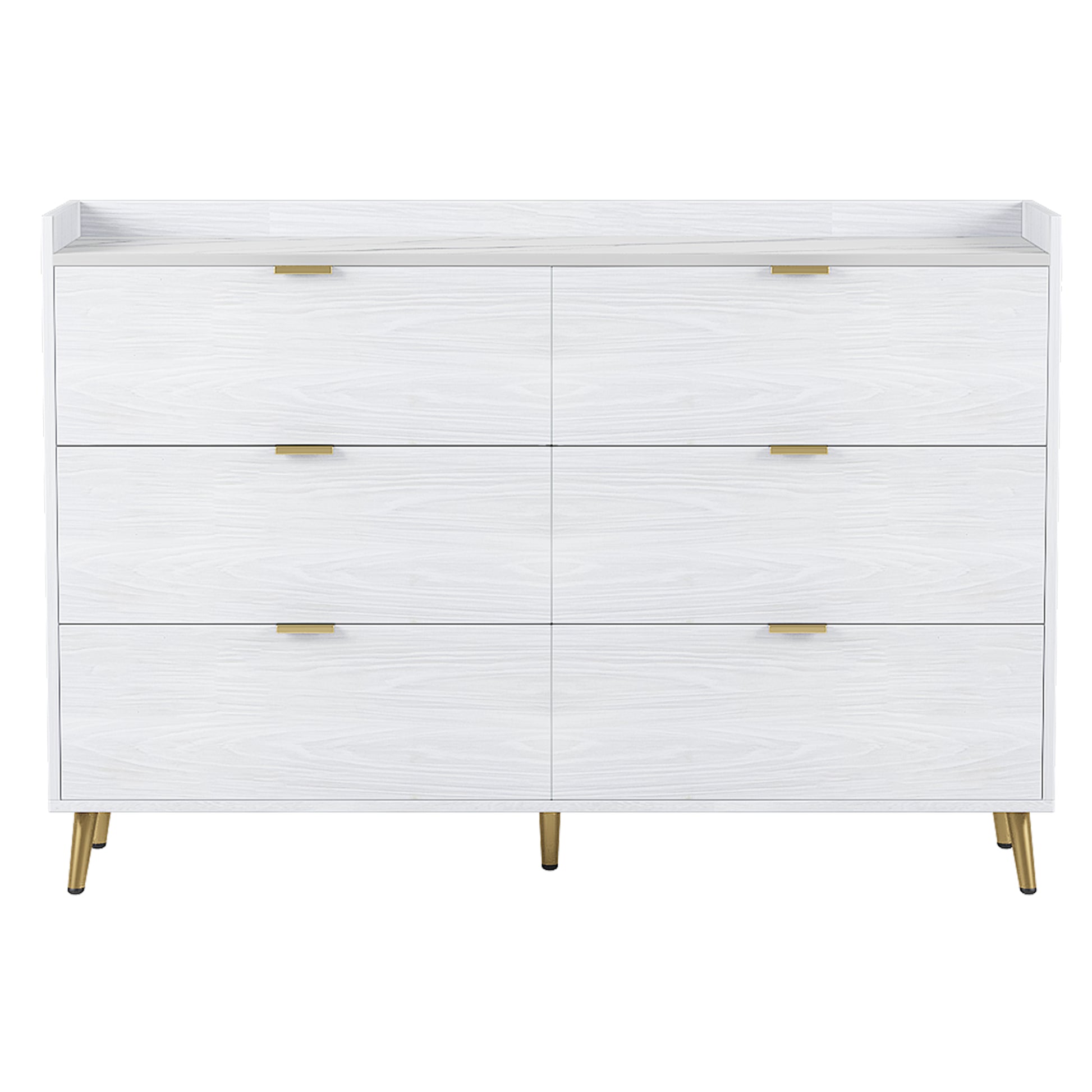 55" Long 6 Drawer Dresser With Marbling Worktop, Mordern Storage Cabinet With Metal Leg And Handle For Bedroom, White White Mdf Metal