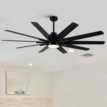 72 In.Integarted Led Large Black Double Finish Ceiling Fan With Remote Control Antique Black Classic,Contemporary,Farmhouse,Rustic Plywood Metal & Wood