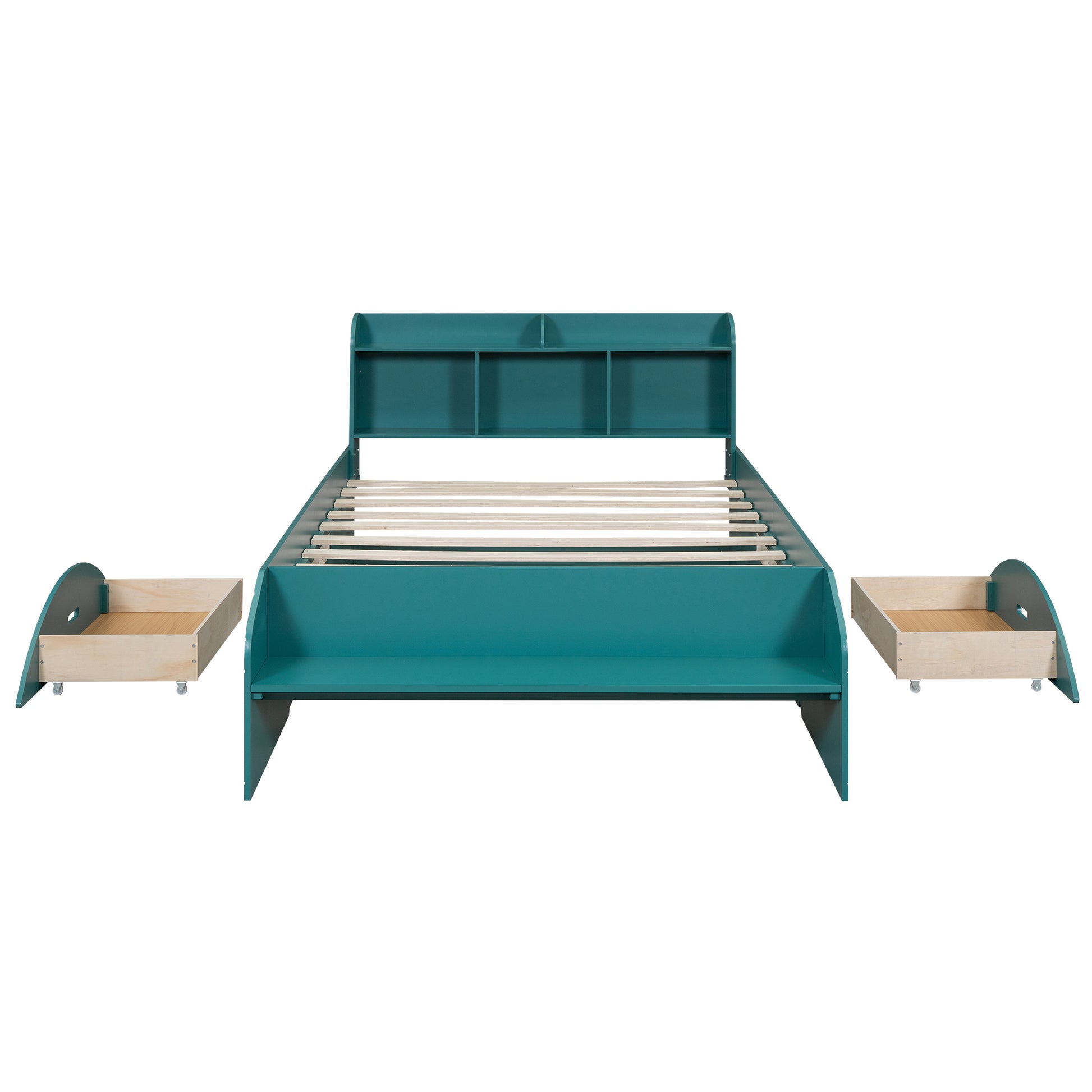 Wood Full Size Platform Bed With 2 Drawers, Storage Headboard And Footboard, Dark Green Box Spring Not Required Full Dark Green Bedroom Bed Frame Solid Wood Mdf