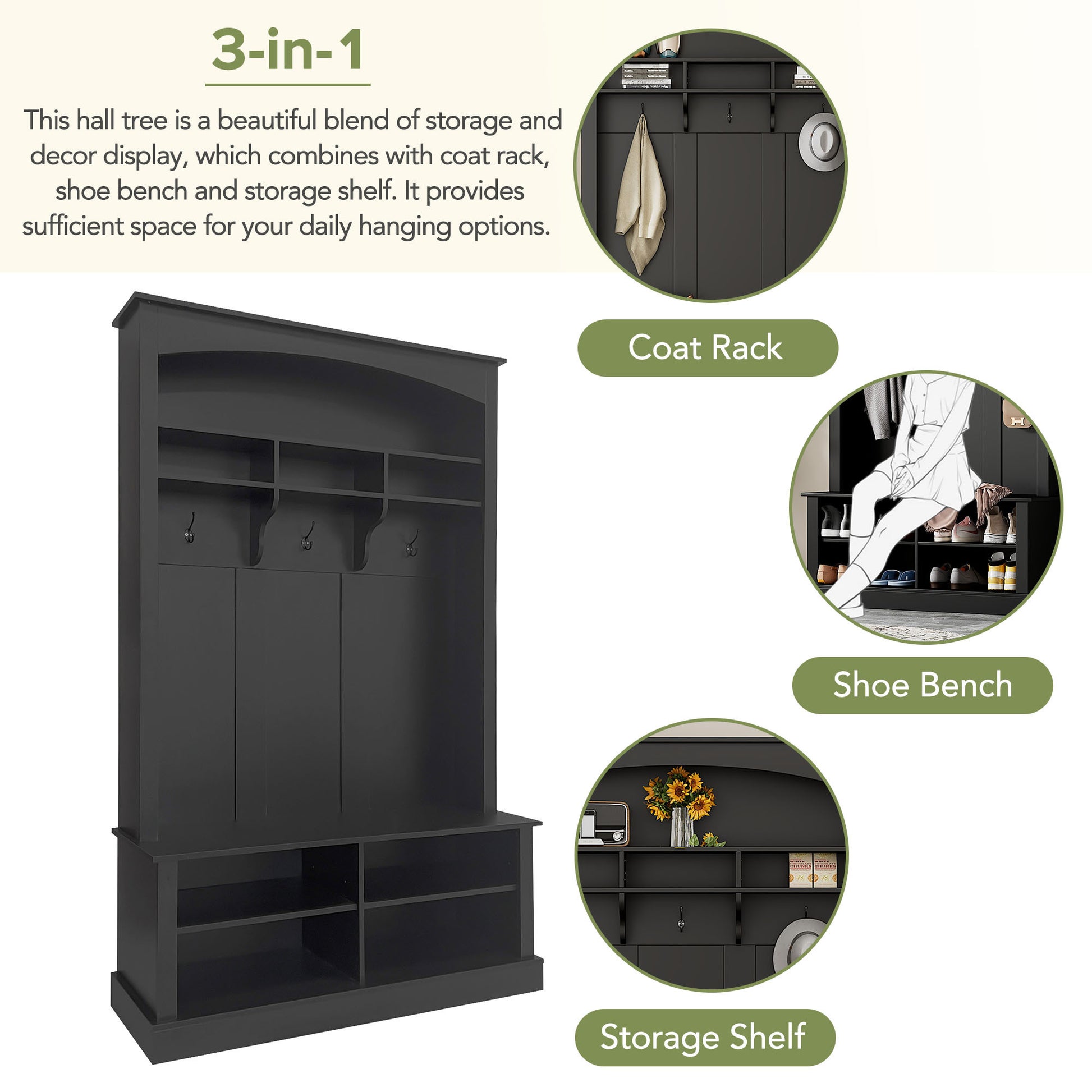 47.2'' Wide Hall Tree With Bench And Shoe Storage, Multi Functional Storage Bench With 3 Hanging Hooks & Open Storage Space, Rectangle Storage & Shelves Coat Rack For Hallway, Black Black Primary Living Space Shelves Particle Board