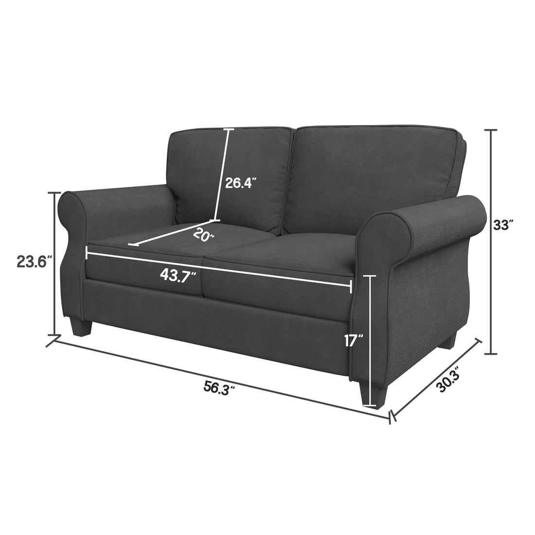 Sofa With Solid Wood Frame, Comfy Sofa Couch With Extra Deep Seats, Modern 2 Seater Sofa, For Living Room Apartment Lounge, Grey Dark Gray Wood