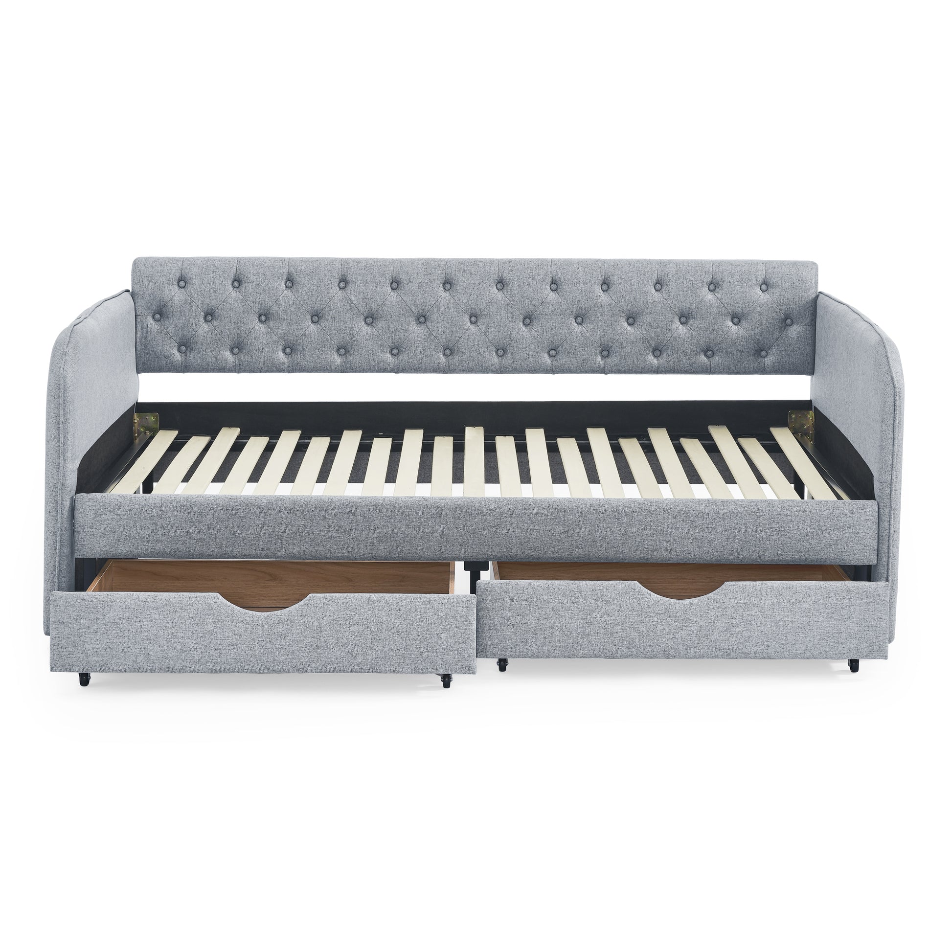 Twin Size Upholstery Daybed With Trundle Bed And Two Storage Drawersflat Arms With Pocket, Extendable Daybed For Bedroom Living Room,Linen Grey Grey Linen