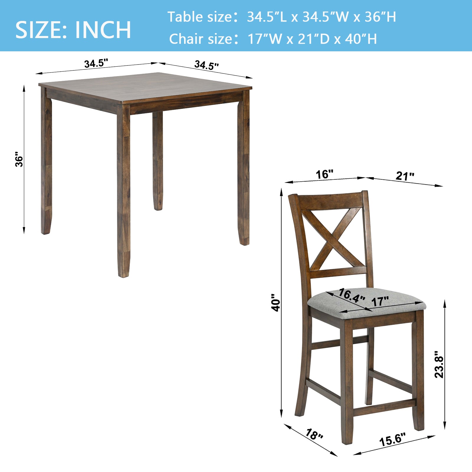 5 Piece Dining Table Set, Wooden Dining Square Table Set For 4, Counter Height Kitchen Table Set With Square Table And 4 Upholstered Chairs For Small Space, Walnut Wood Walnut Seats 4 Gray Wood Dining Room Acacia 4 Leg Square Dining Table With Chair