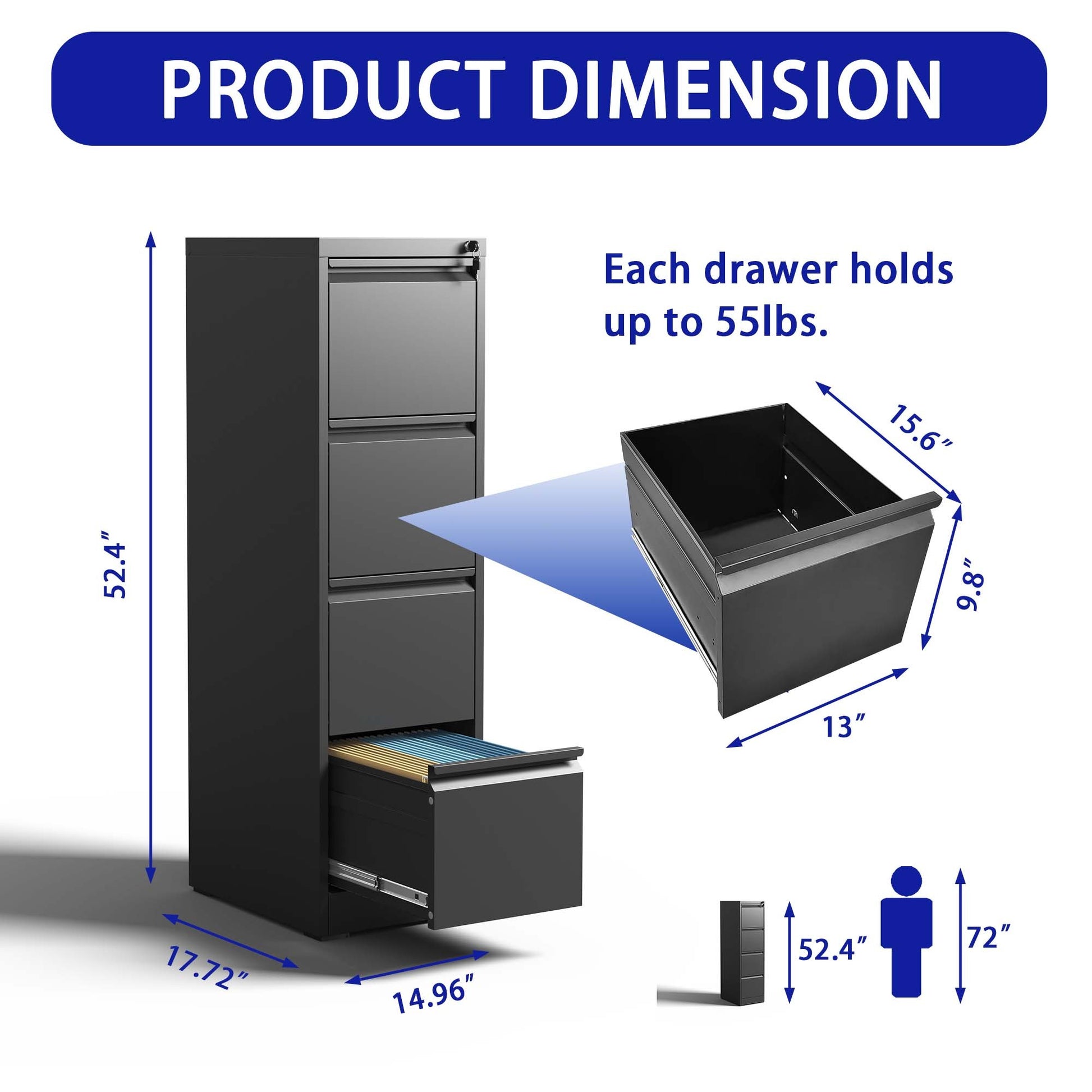 4 Drawer Metal Vertical File Cabinet With Lock Office Home Steel Vertical File Cabinet For A4 Legal Letter Size Filing Cabinets 3 4 Drawers Black Office Drawers Included Modern Metal Metal