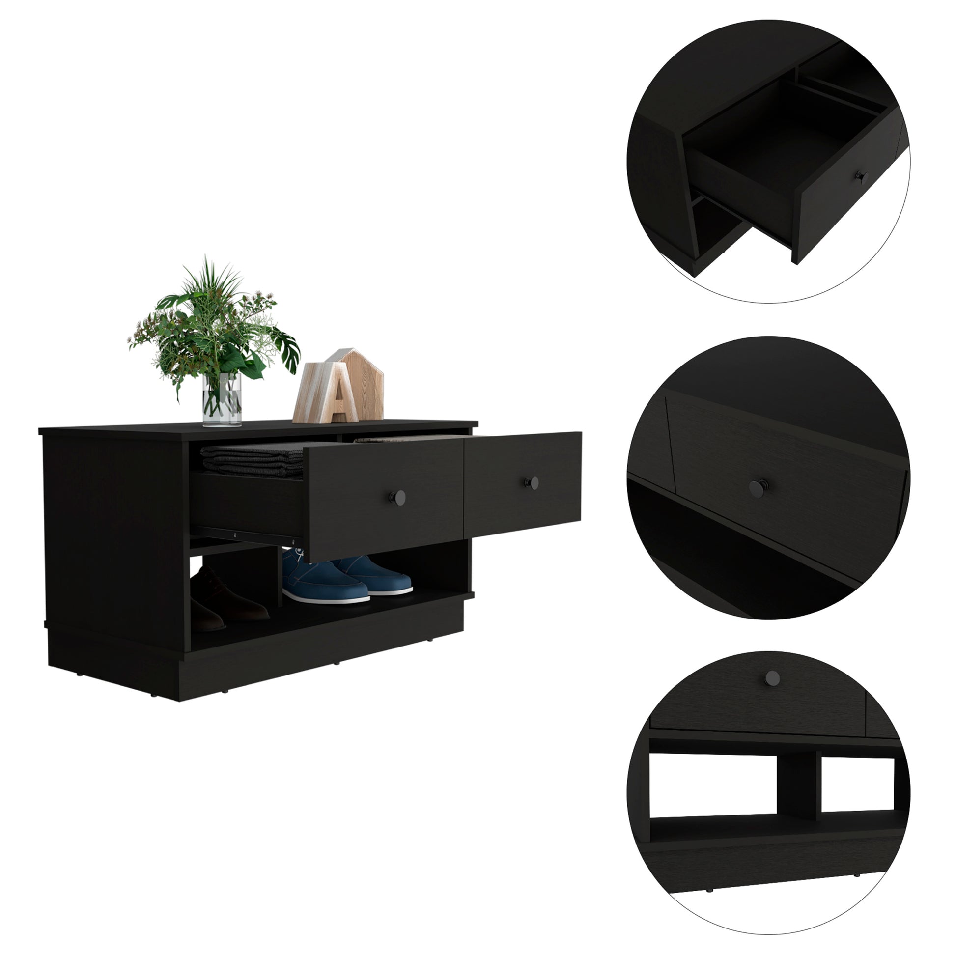 Uranus Storage Bench, Two Drawers, Two Open Shelves, Black Black Bedroom Modern Particle Board Particle Board