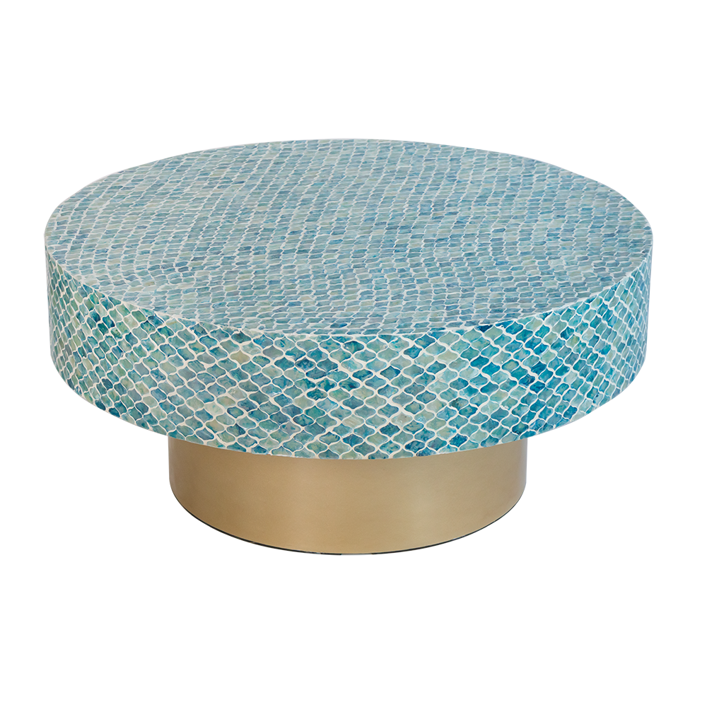 35X35X16" Unique Hyperion Capiz Inlay Drum Coffee Table With Gold Pedestal Base Multi Primary Living Space Beach,Boho,Casual,Coastal,Modern Mdf