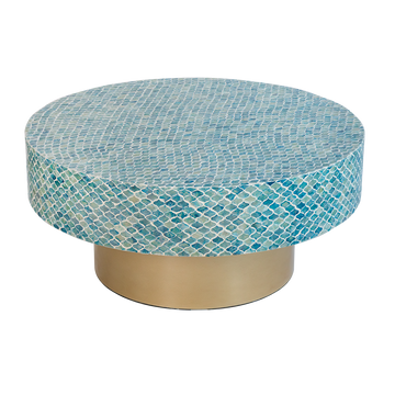 35X35X16" Unique Hyperion Capiz Inlay Drum Coffee Table With Gold Pedestal Base Multi Primary Living Space Beach,Boho,Casual,Coastal,Modern Mdf