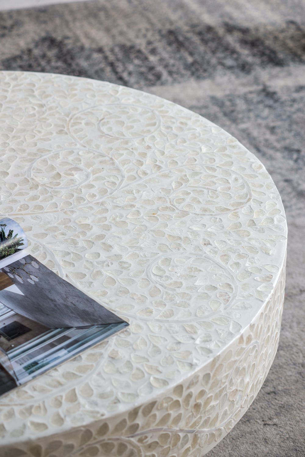 35X35X16" Unique Cream Capiz Coffee Table With Gold Pedestal Base Multi Primary Living Space Beach,Boho,Casual,Coastal,Modern Mdf