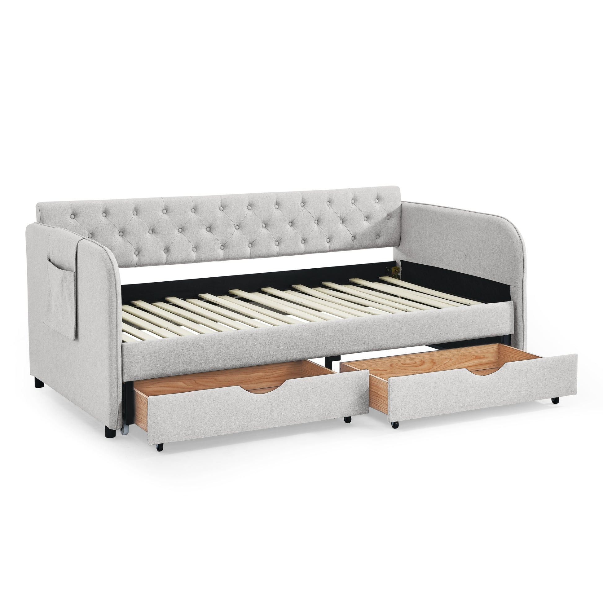 Twin Size Upholstery Daybed With Trundle Bed And Two Storage Drawersflat Arms With Pocket, Extendable Daybed For Bedroom Living Room,Linen Beige Beige Linen