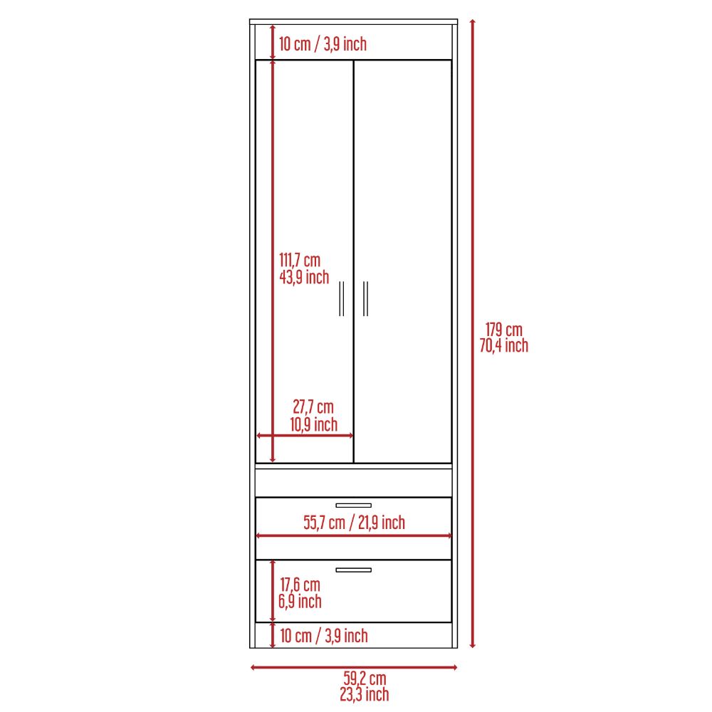 Lisboa Armoire, Rod, Double Door, Two Drawers, Metal Handles Light Gray Gray Bedroom Modern Particle Board Particle Board