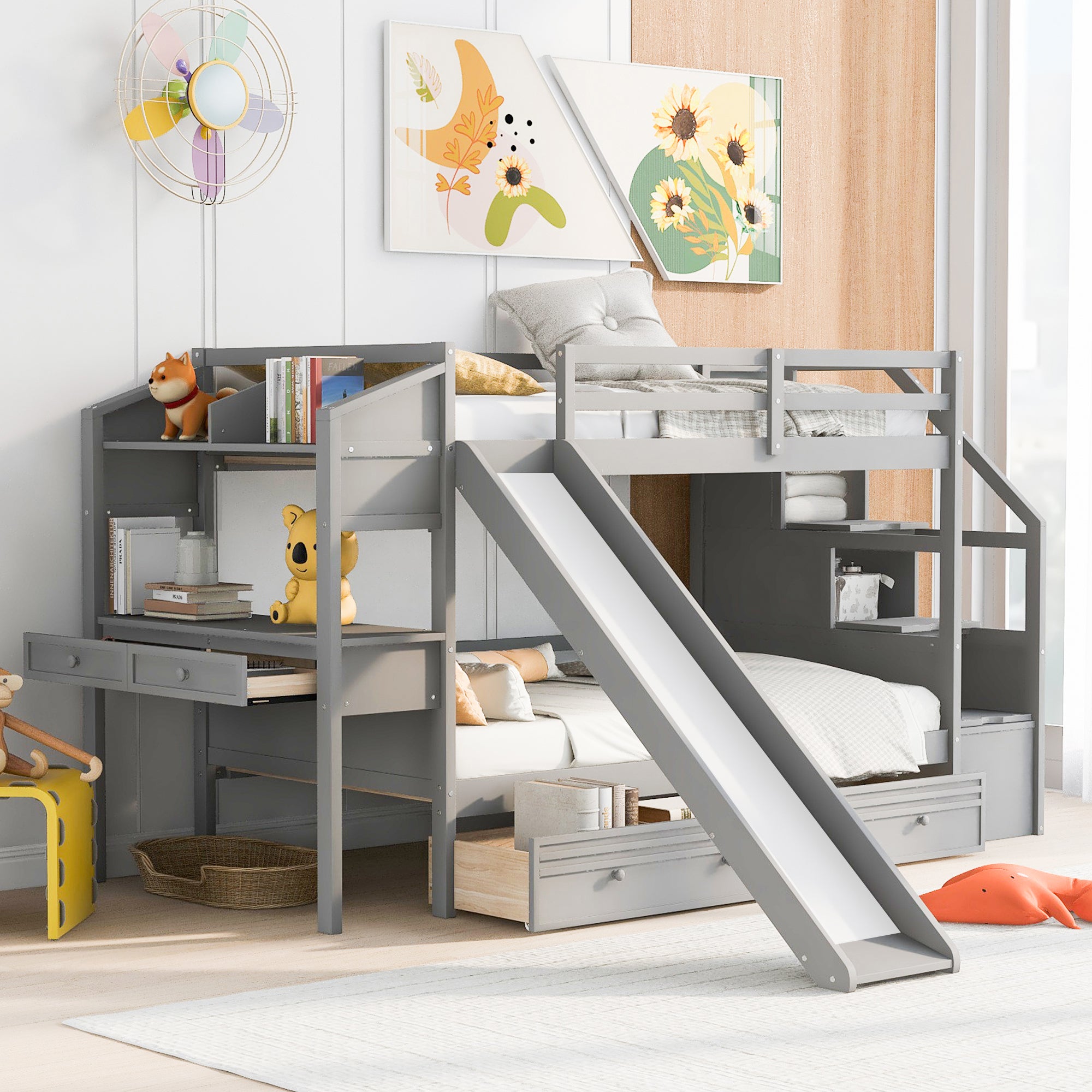 Twin Over Twin Bunk Bed With Storage Staircase, Slide And Drawers, Desk With Drawers And Shelves, Gray Box Spring Not Required Twin Gray Wood Bedroom Bunk Pine