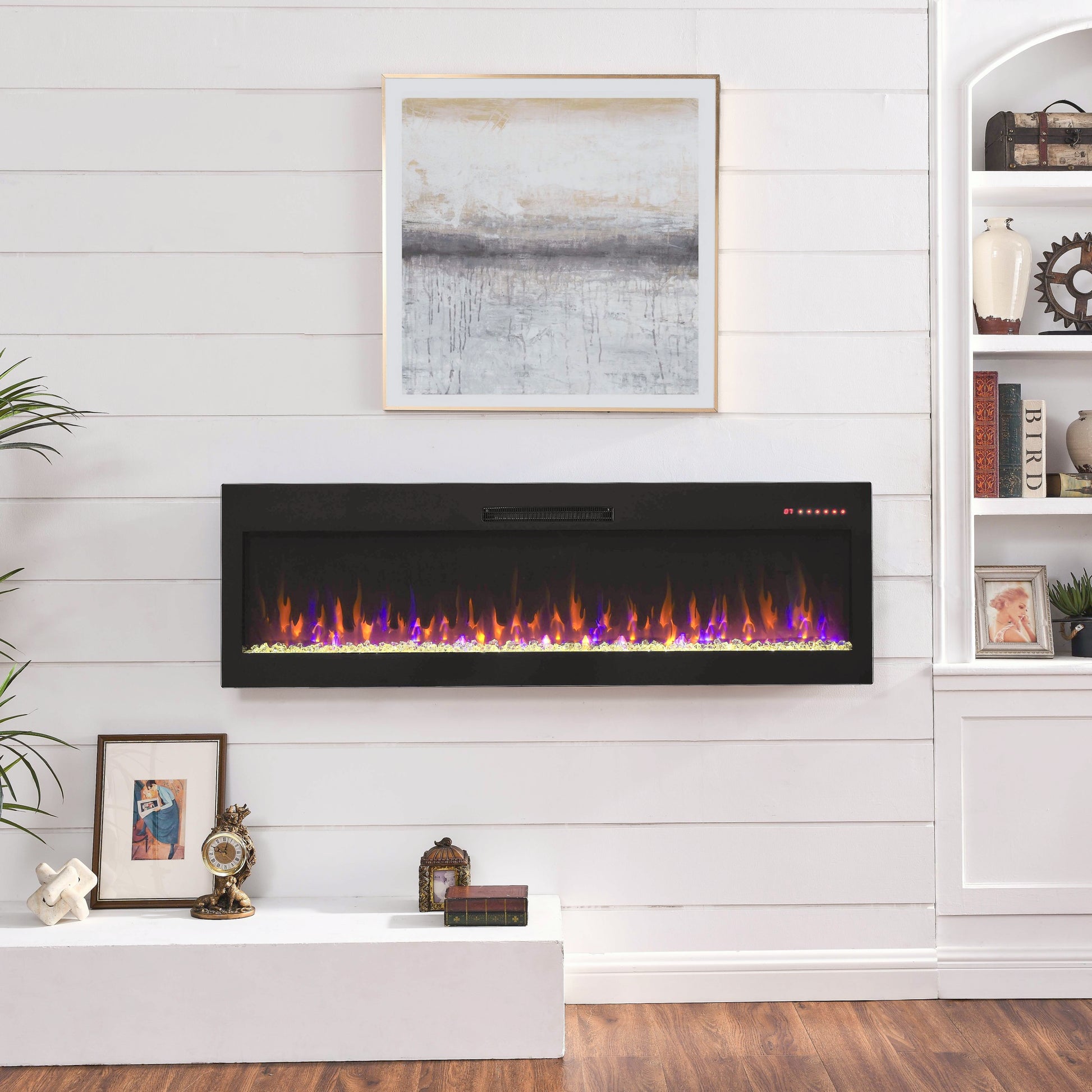 60 Inch Electric Fireplace, Recessed And Wall Mounted Fireplace Powder Coated Electric Antique Black Vent Free Yes Tempered Glass Sheet Metal Plastic Electric