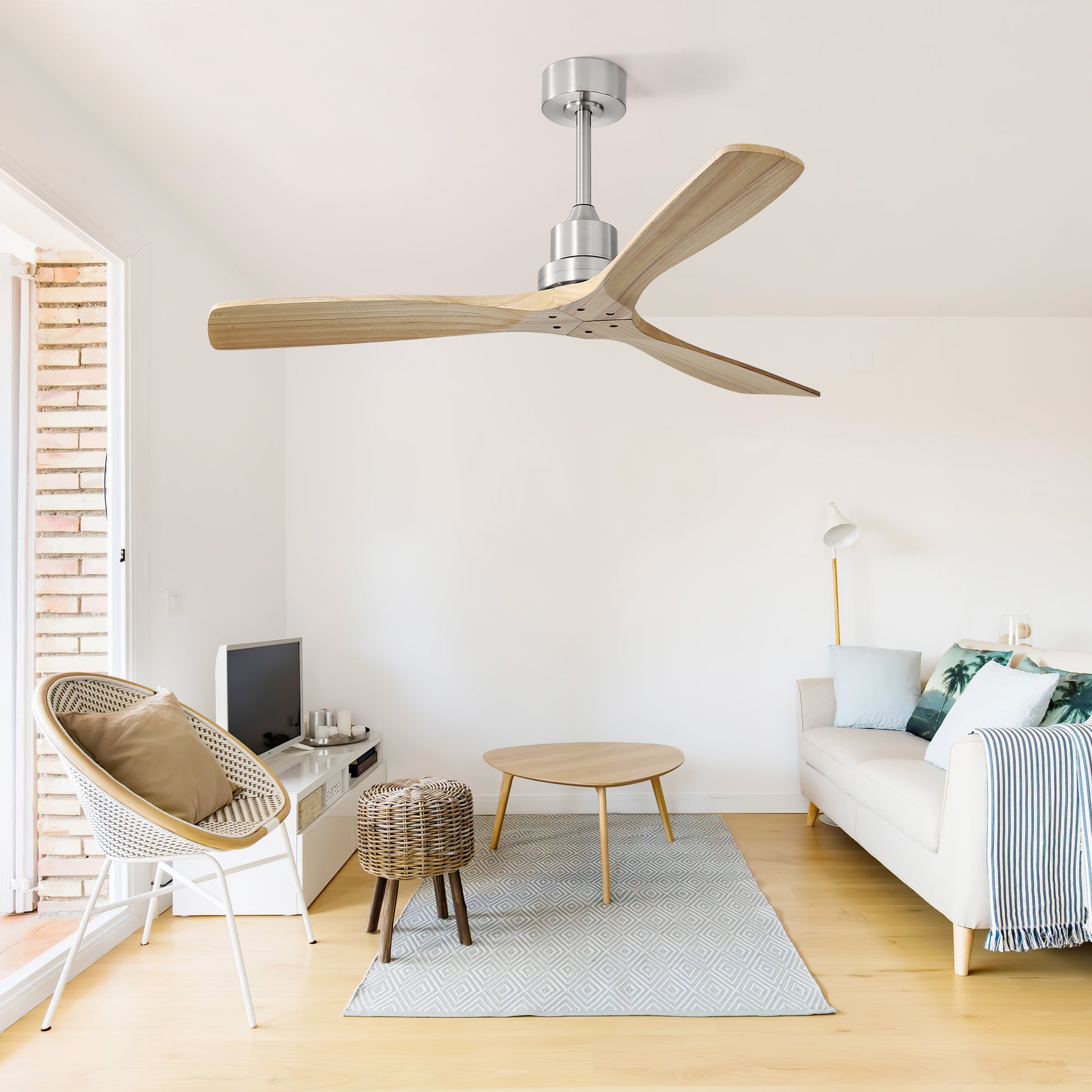 52 Inch Outdoor Farmhouse Ceiling Fan With Remote Control Solid Wood Fan Blade Reversible Motor Brushed Nickel Metal & Wood