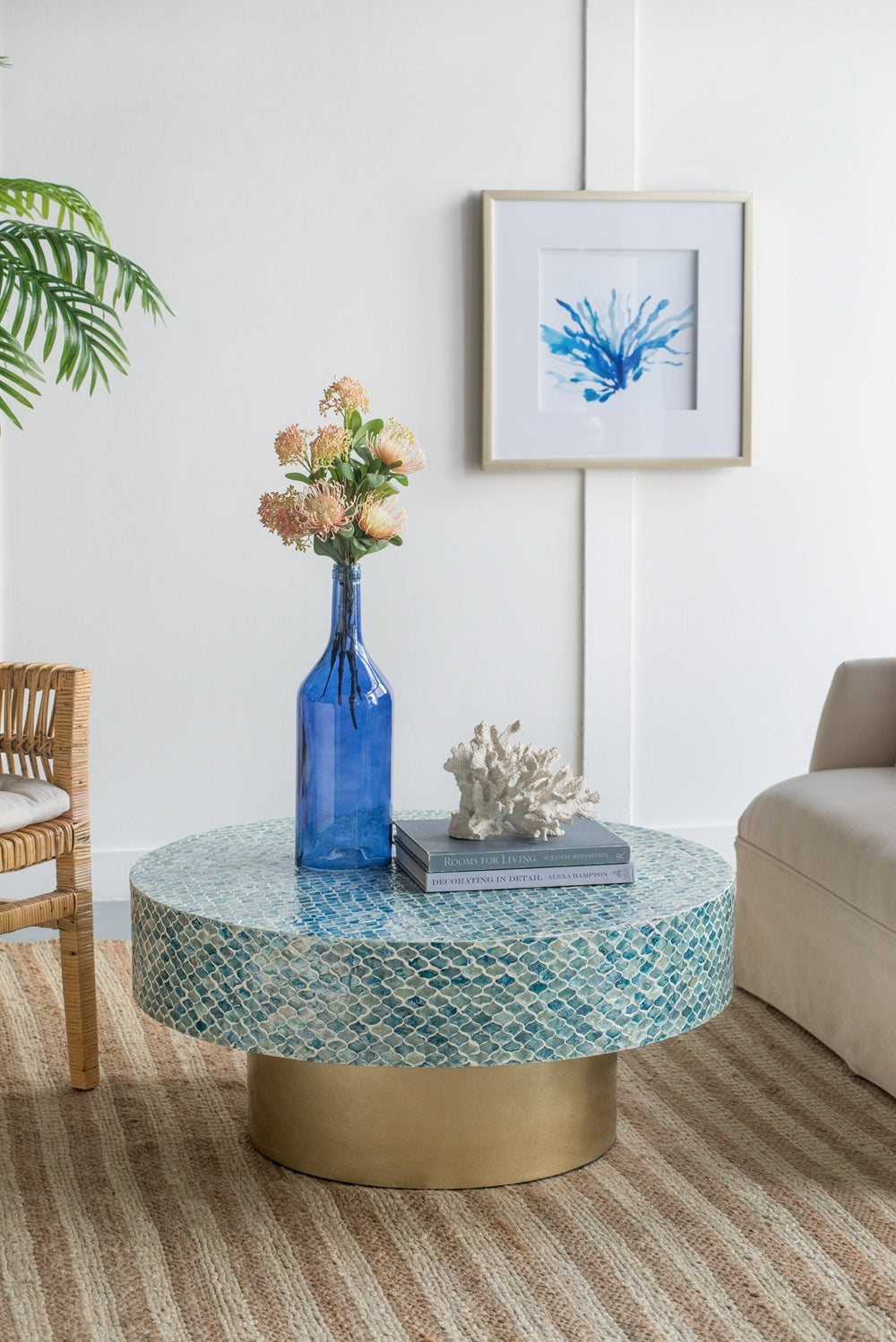 35X35X16" Unique Hyperion Capiz Inlay Drum Coffee Table With Gold Pedestal Base Multi Primary Living Space Beach,Boho,Casual,Coastal,Modern Mdf