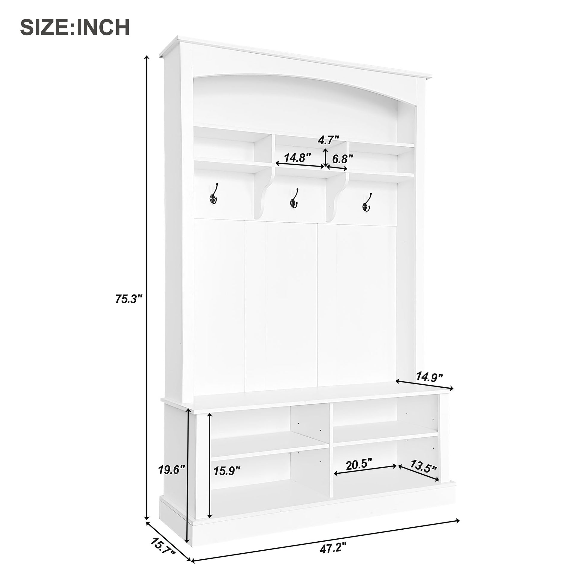 47.2'' Wide Hall Tree With Bench And Shoe Storage, Multi Functional Storage Bench With 3 Hanging Hooks & Open Storage Space, Rectangle Storage & Shelves Coat Rack For Hallway, White White Primary Living Space Shelves Particle Board