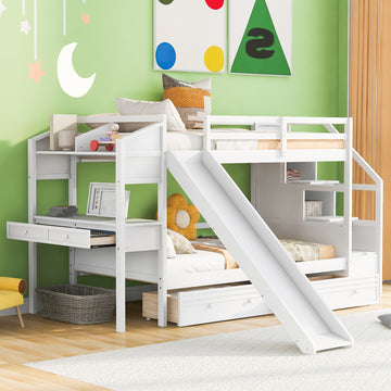 Twin Over Twin Bunk Bed With Storage Staircase, Slide And Drawers, Desk With Drawers And Shelves, White Box Spring Not Required Twin White Wood Bedroom Bunk Pine