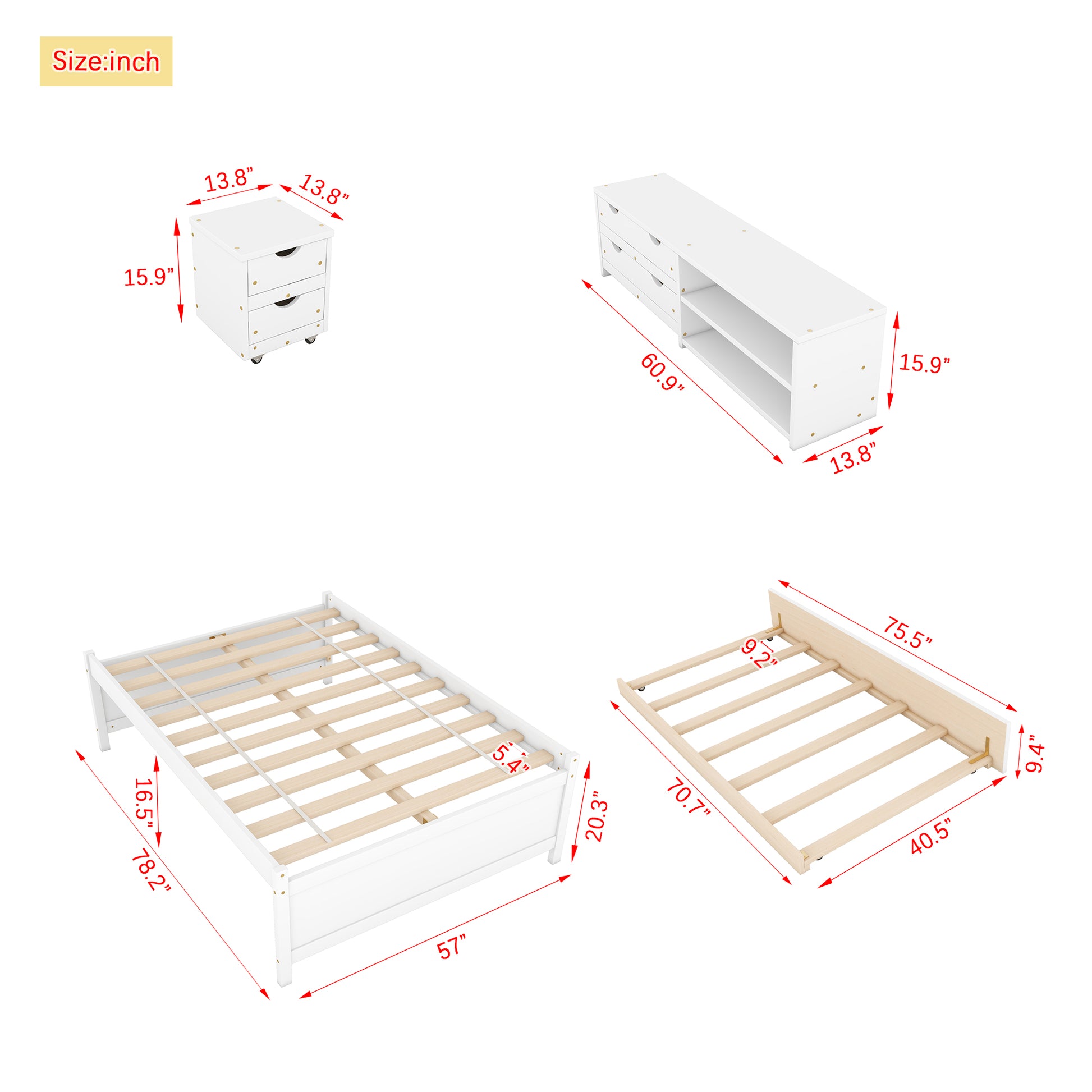 Versatile Full Bed With Trundle,Under Bed Storage Box And Nightstand .White Full White Pine