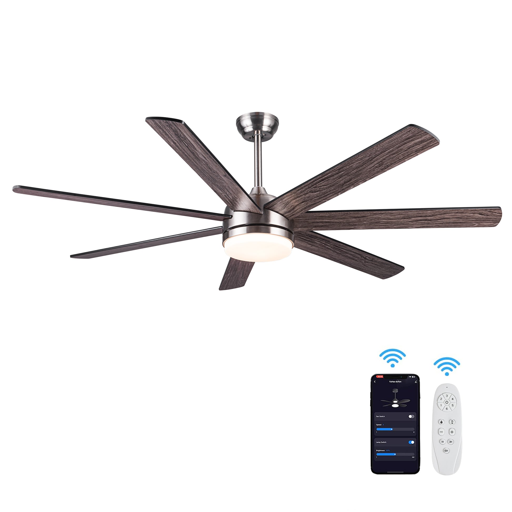 62 In. Integrated Led Brushed Nickel Plywood Smart Ceiling Fan With Remote Control Brushed Nickel Plywood Metal