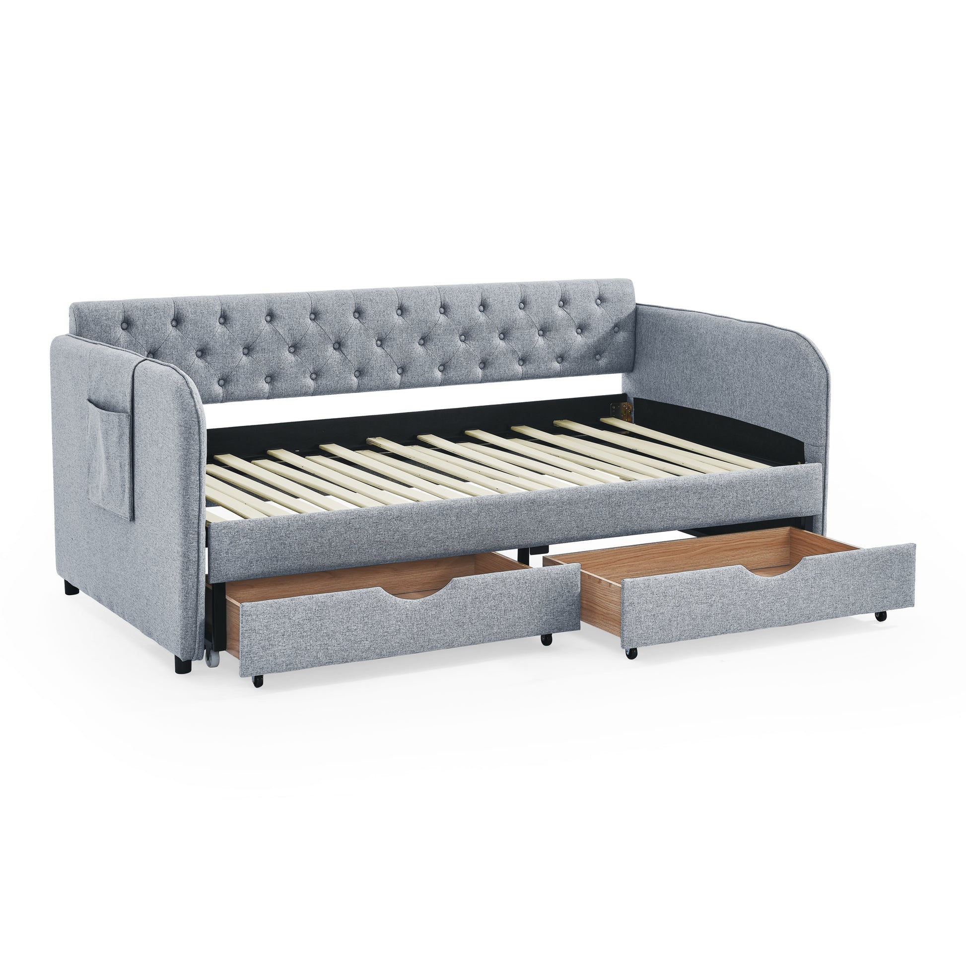 Twin Size Upholstery Daybed With Trundle Bed And Two Storage Drawersflat Arms With Pocket, Extendable Daybed For Bedroom Living Room,Linen Grey Grey Linen